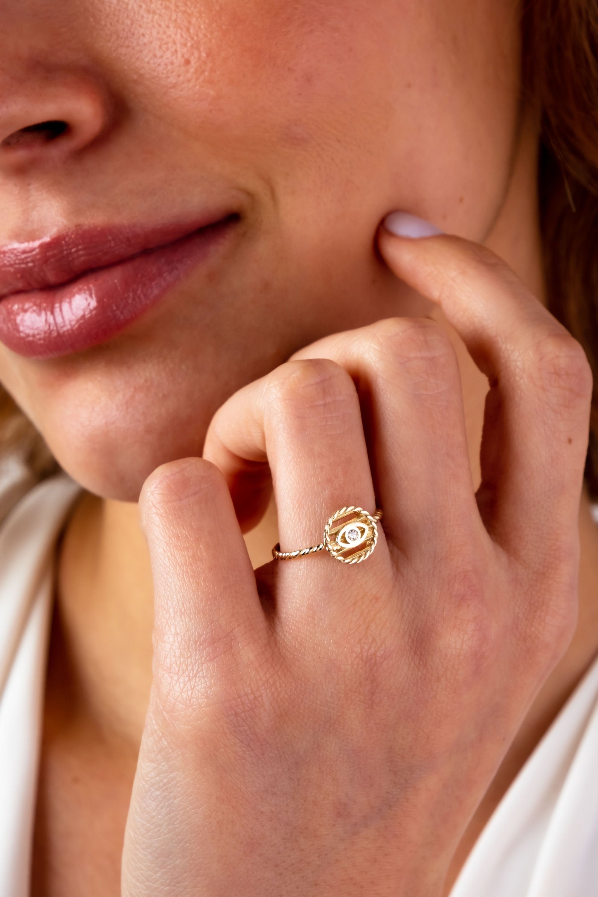14K Gold Round Evil Eye Ring, Tiny Third Eye Ring, Minimal Protection Band Ring, Simple Small Engagement Ring, Religious Good Luck Jewelry