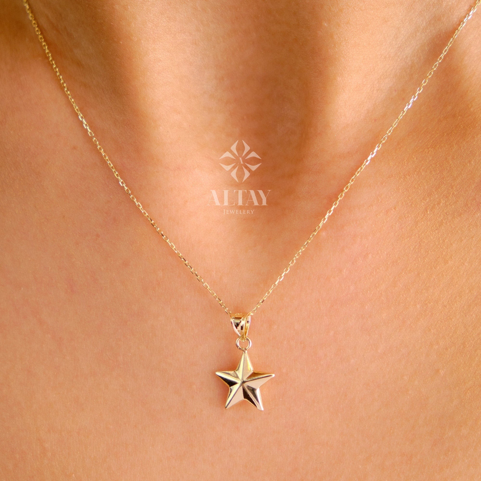 14K Gold Star Necklace, Small Star Pendant, 3D Star Charm Necklace, Stars Dainty Charm, Simple Tiny Necklace, Boho Jewelry, Gift for Her