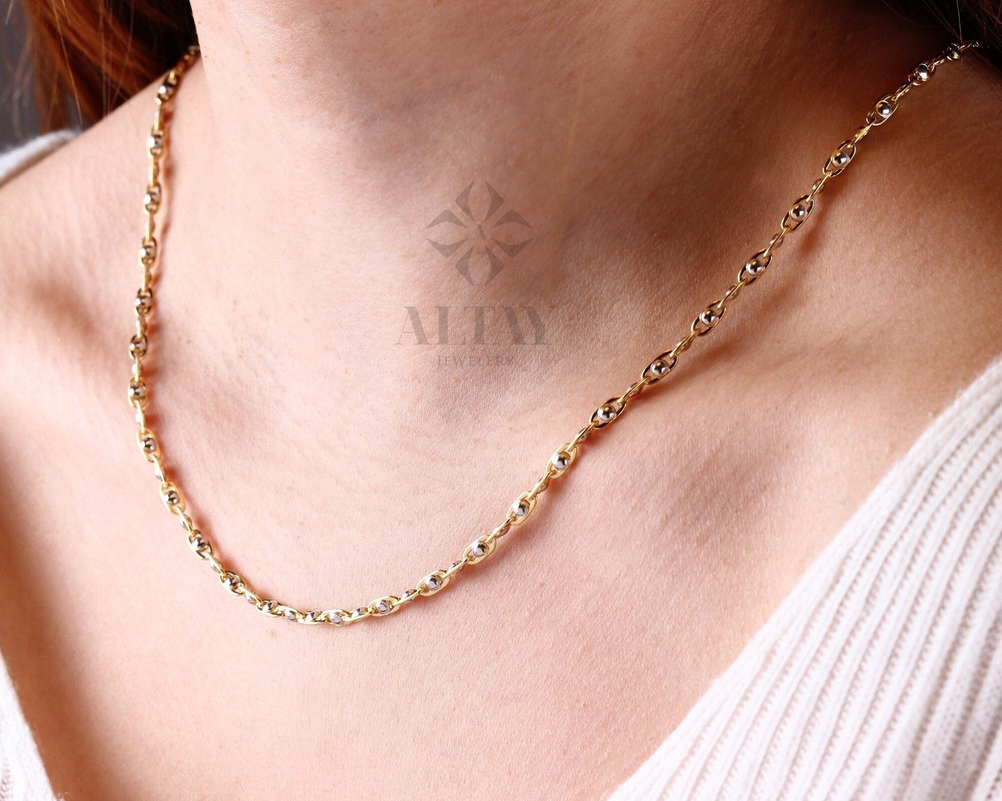 14K Gold Two Tone Beaded Chain Necklace, Oval Bead Chain Choker, Rectangle Long Paperclip Chain, Christening, Chunky Link, Gift For Her