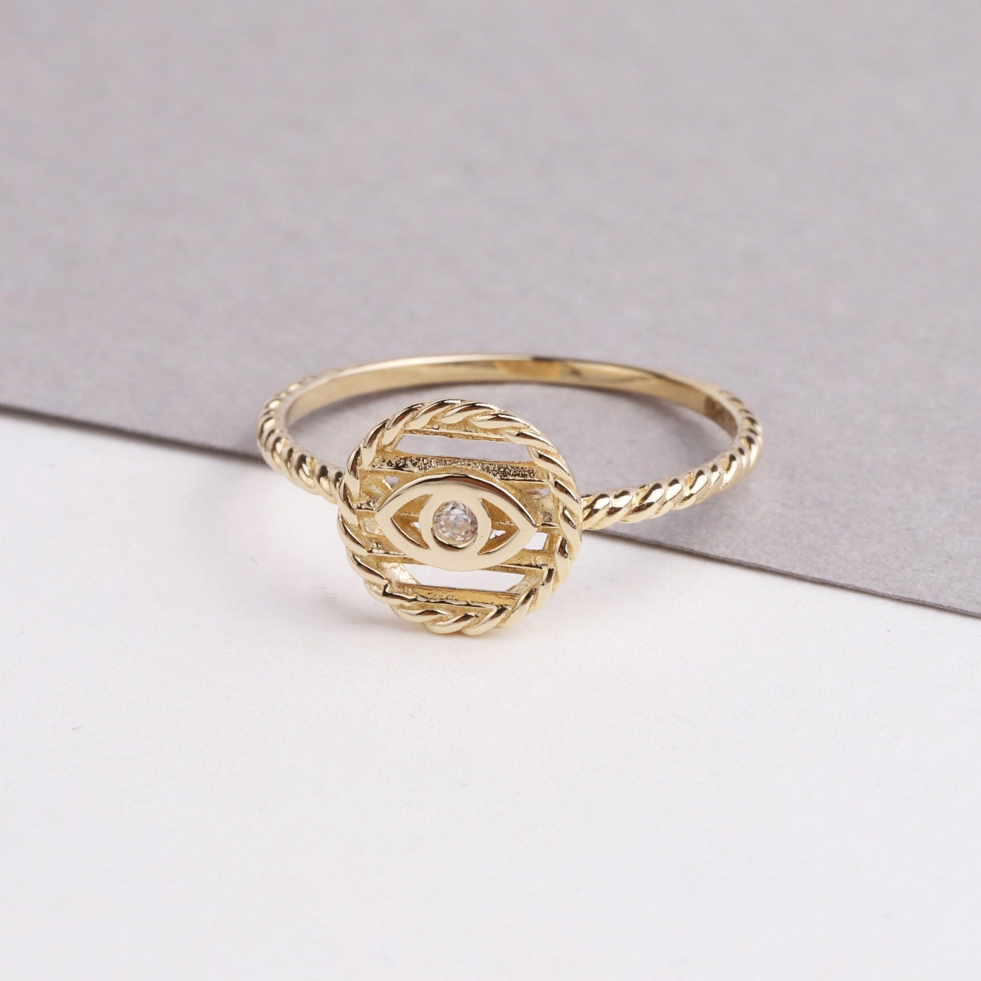 14K Gold Round Evil Eye Ring, Tiny Third Eye Ring, Minimal Protection Band Ring, Simple Small Engagement Ring, Religious Good Luck Jewelry