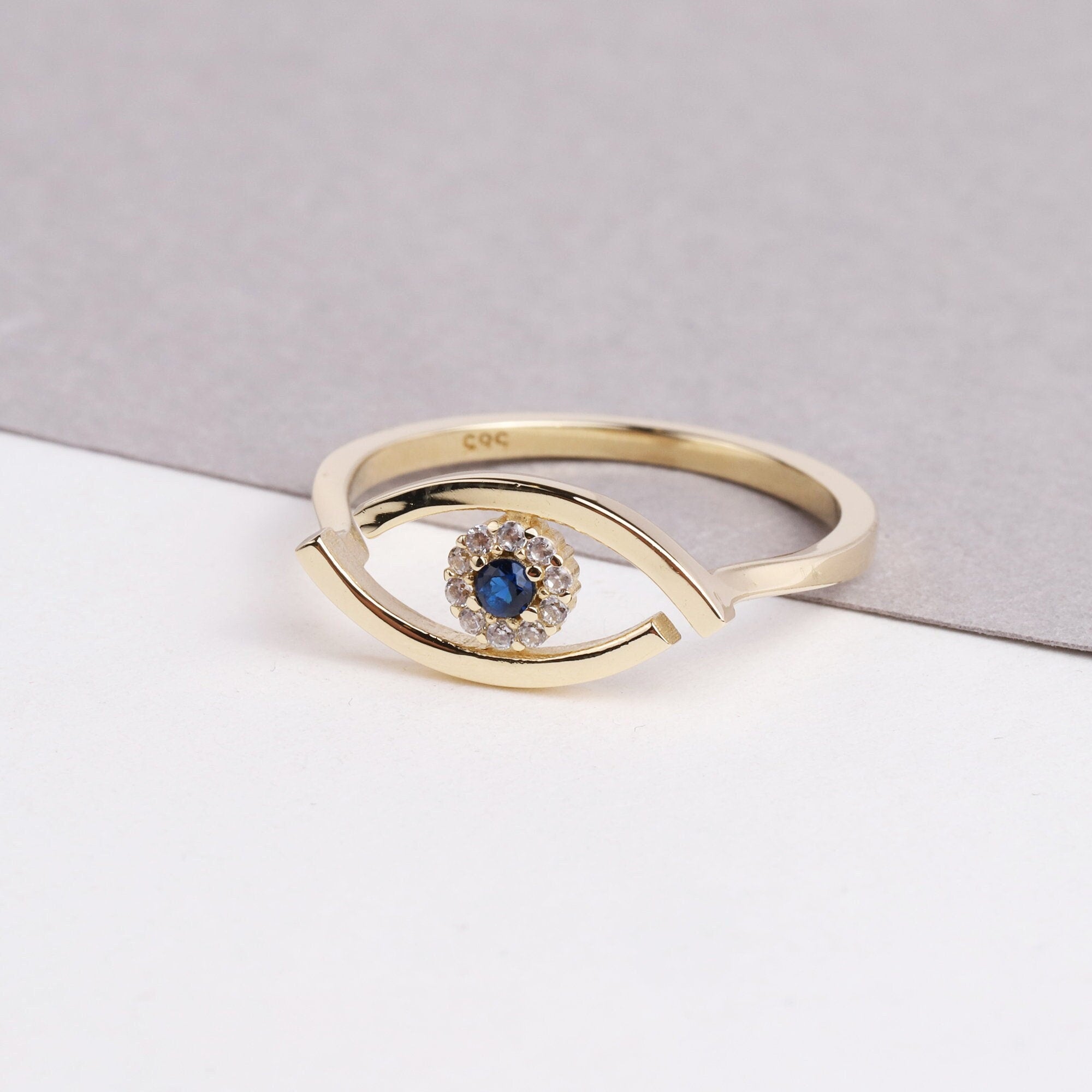 14K Gold Evil Eye Ring, Evil Eye CZ Diamond Band Ring, Hamsa Ring, Sapphire Ring for Women, Third Eye Ring, Delicate Pinky Protection Ring