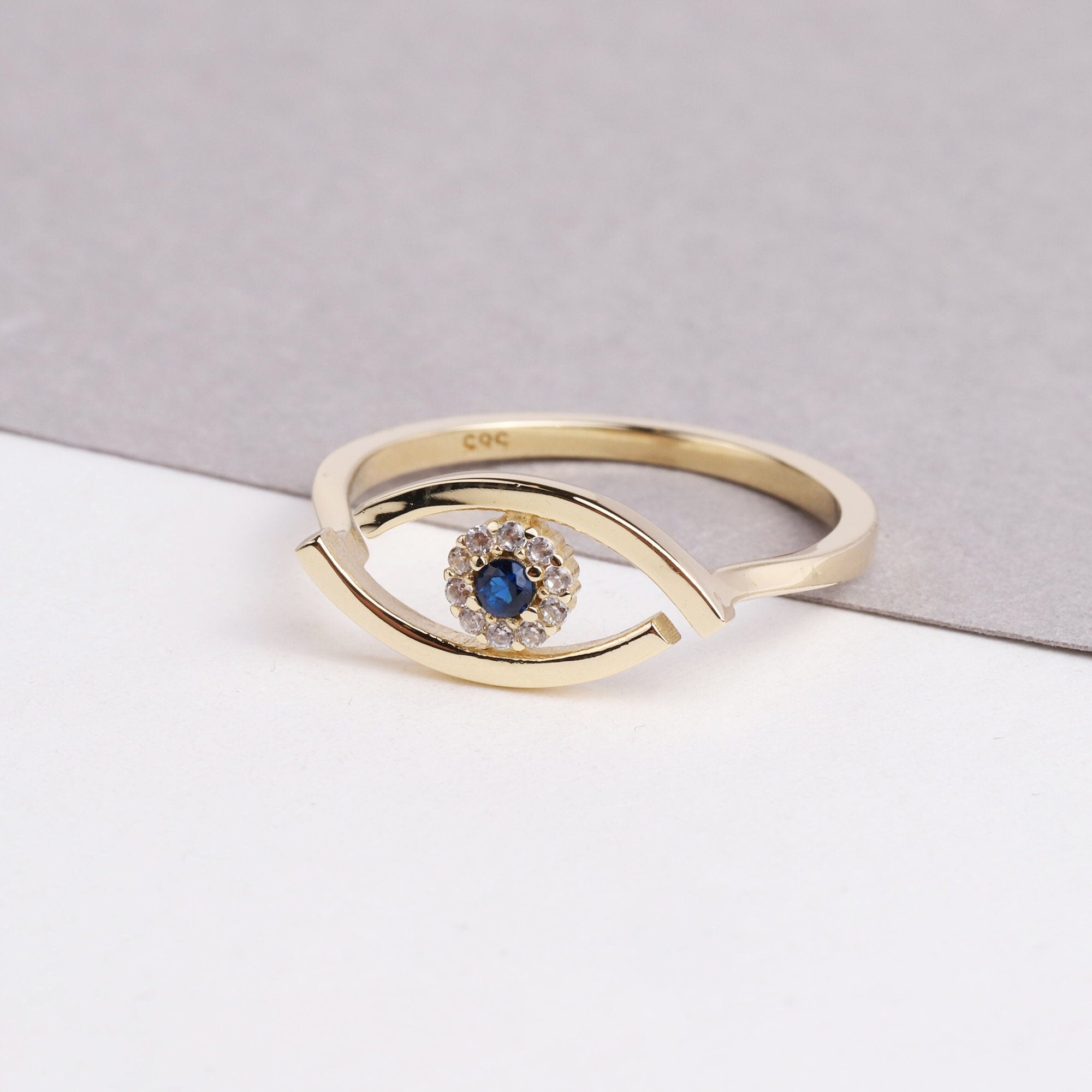 14K Gold Evil Eye Ring, Tiny Evil Eye Band Ring, Hamsa Pointer Ring, Sapphire Ring for Women, Third Eye Ring, Delicate Pinky Protection Ring