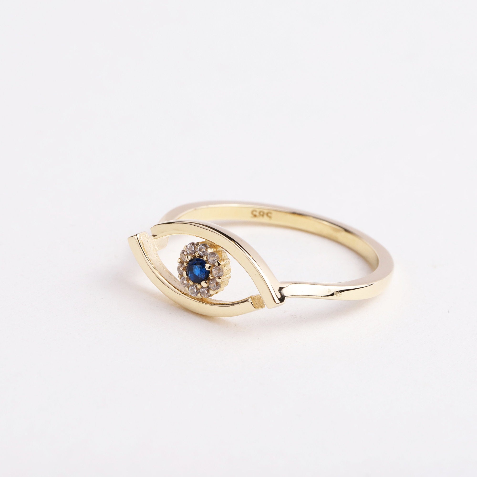 14K Gold Evil Eye Ring, Tiny Evil Eye Band Ring, Hamsa Pointer Ring, Sapphire Ring for Women, Third Eye Ring, Delicate Pinky Protection Ring