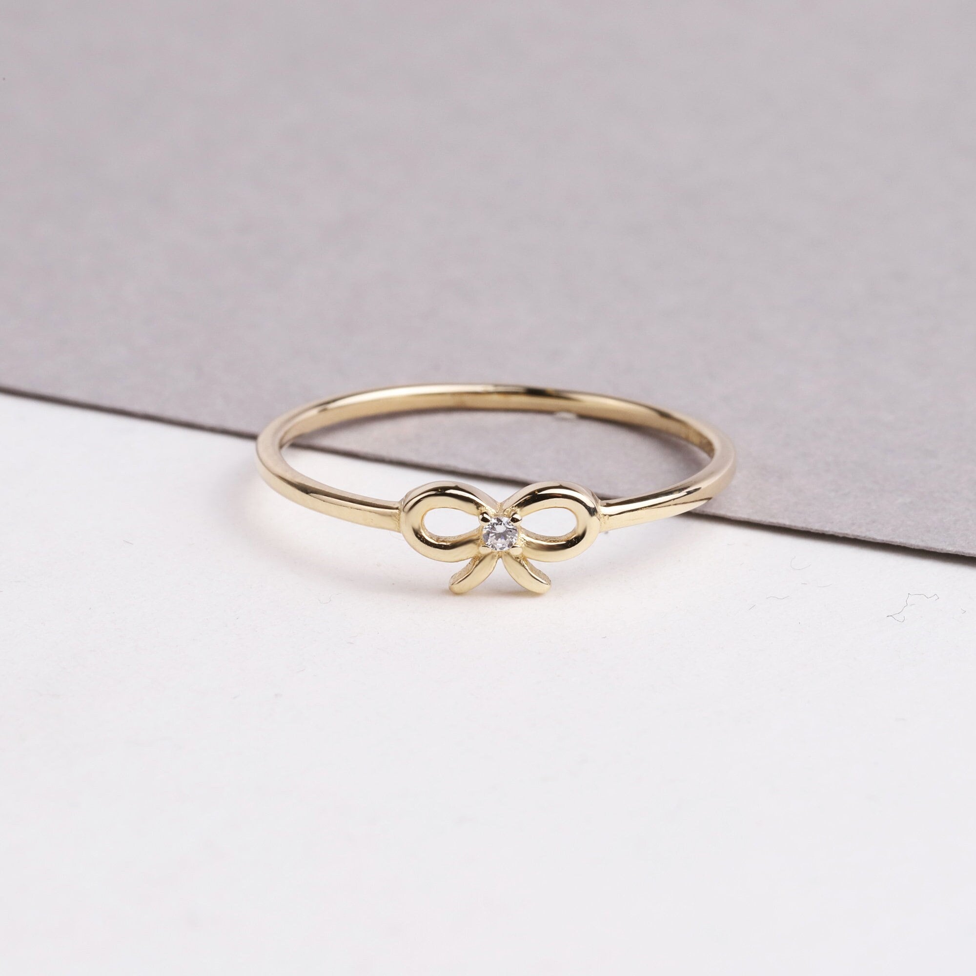 14K Gold Bow Tie Ring, Bow Tie Cz Diamond Band Ring, Mini Bow Ring, Ribbon Bow Ring, Dainty Style, Knot Ring, Promise Ring, Round Cz Diamond