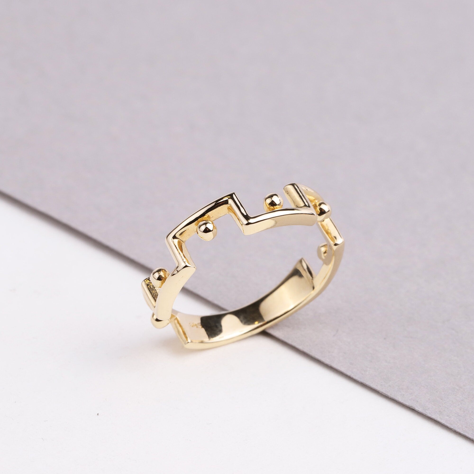 14K Gold Edge Ring, Dainty Geometric Bead Ring, Chunky Edge Gold Ring, Designer Thick Band Statement Ring, Angular Ring Real Gold