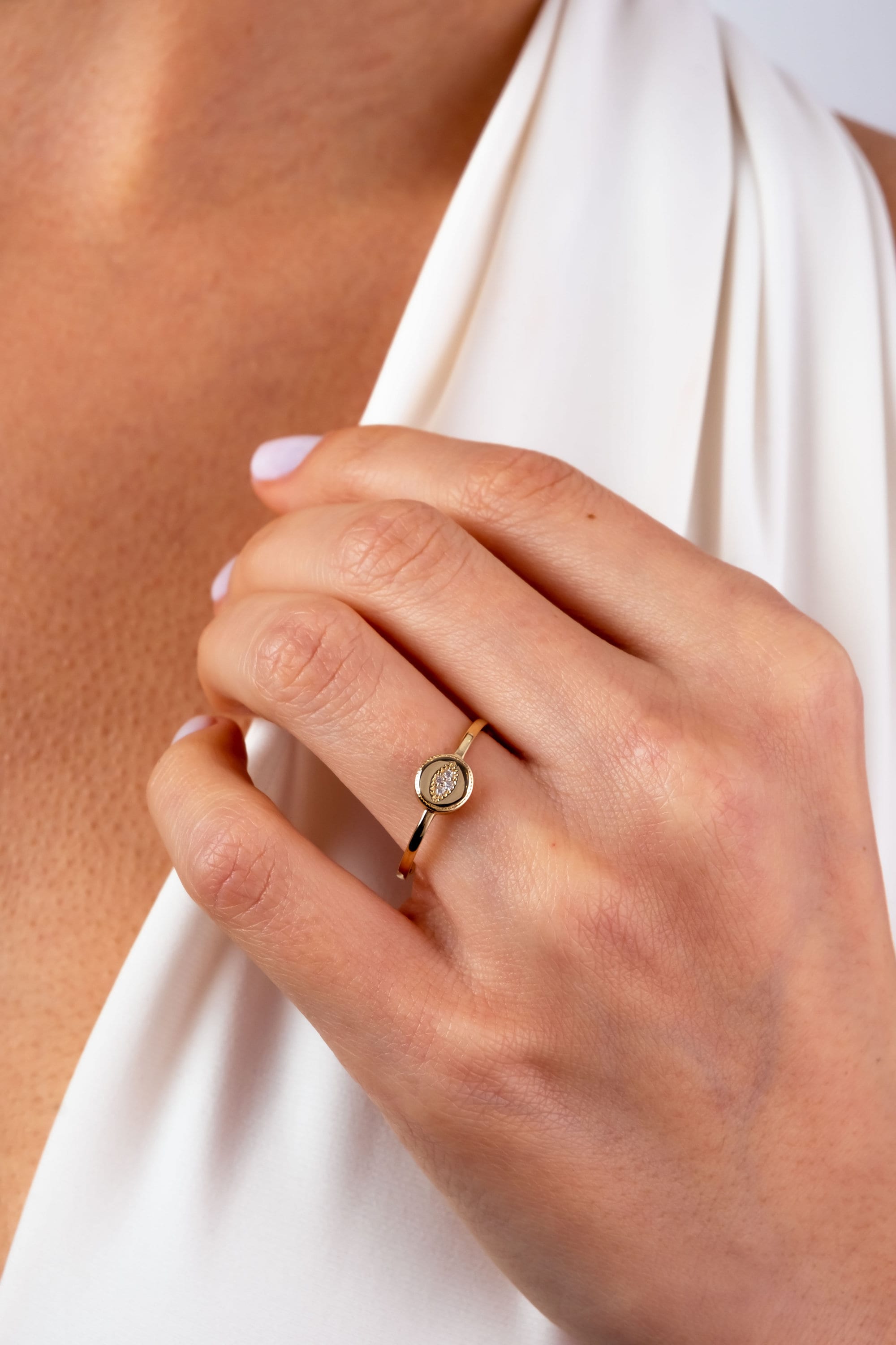 14K Gold Evil Eye Ring, Evil Eye CZ Diamond Band Ring, Hamsa Ring, Ring for Women, Third Eye Ring, Delicate Pinky Protection Ring