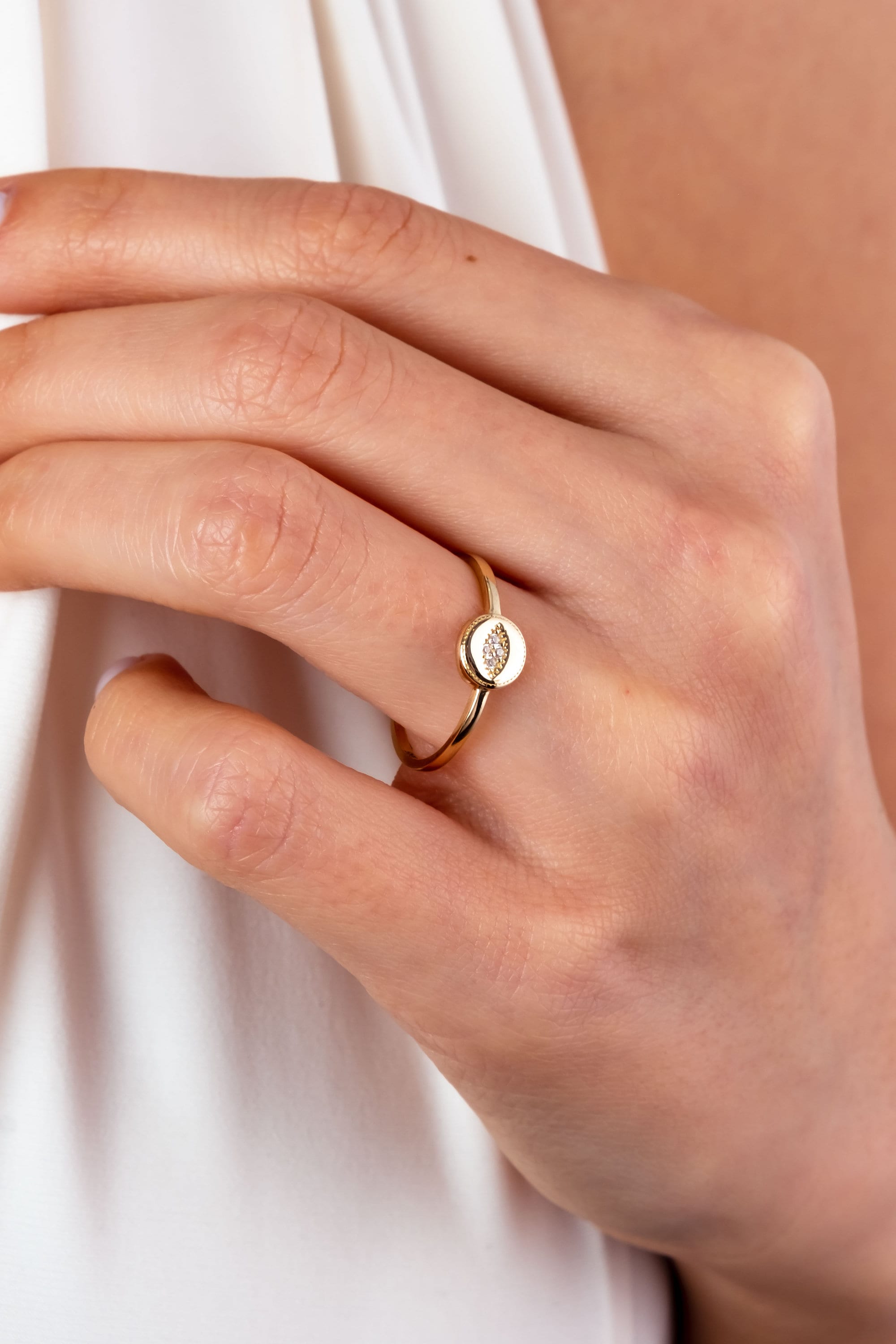14K Gold Evil Eye Ring, Evil Eye CZ Diamond Band Ring, Hamsa Ring, Ring for Women, Third Eye Ring, Delicate Pinky Protection Ring