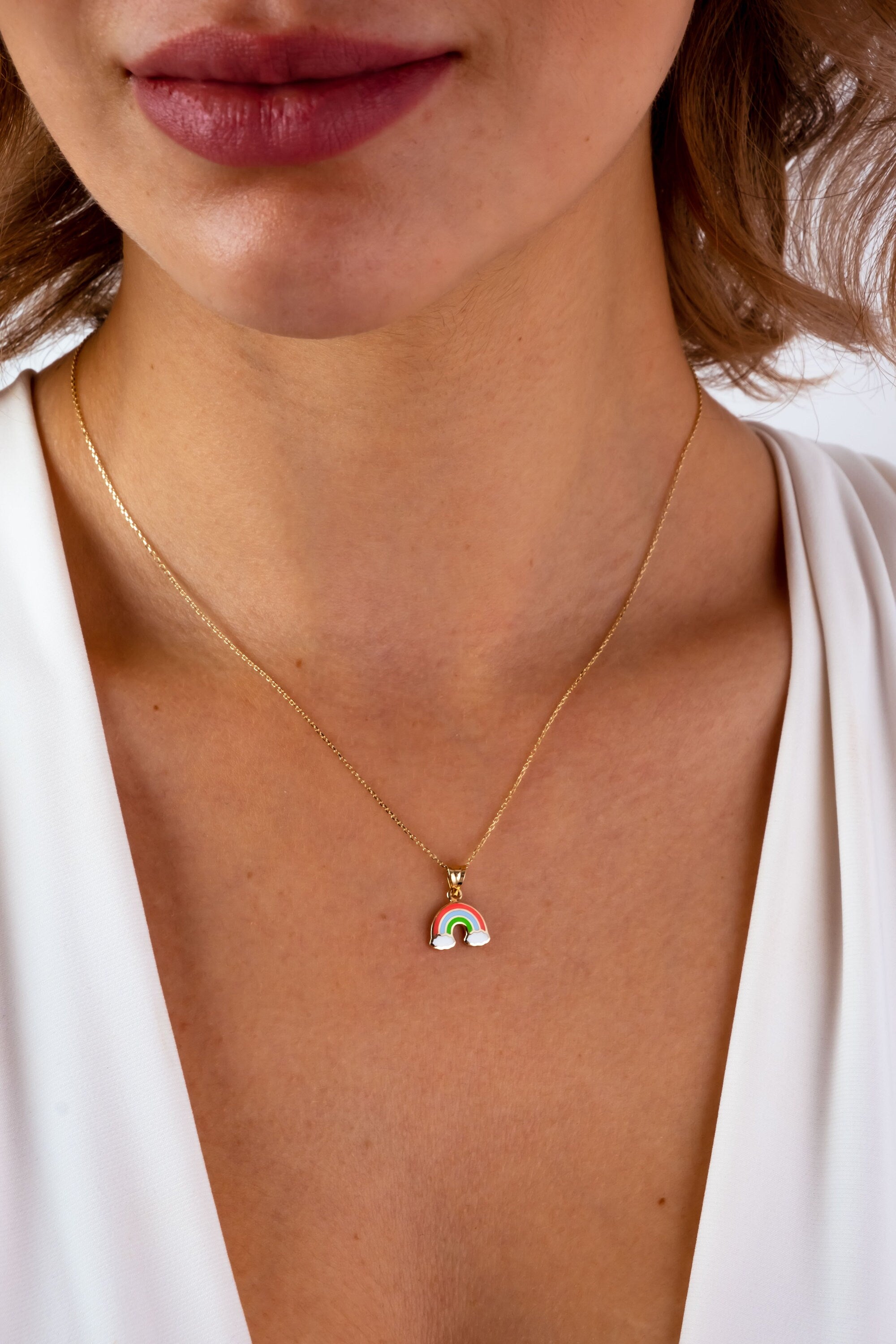 14K Gold Rainbow Necklace, Rainbow Pendant Necklace, Dainty Gold Necklace, Colorful Friendship Necklace, Pride Charm Choker, Gift For Her
