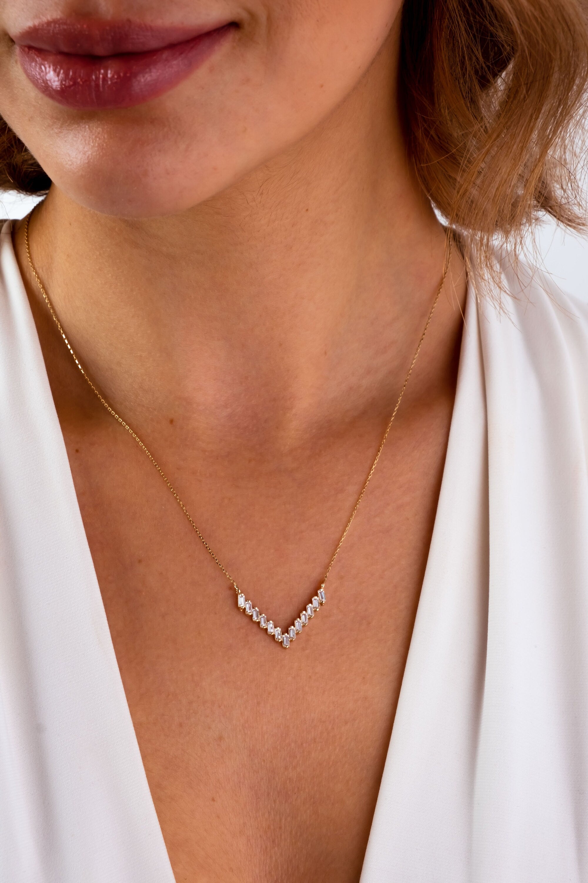 14K Gold V Shaped Necklace, CZ Baguette Diamond Chevron Pendant Necklace, Minimalist Geometric Chevron V Charm, Wedding Gift For Her