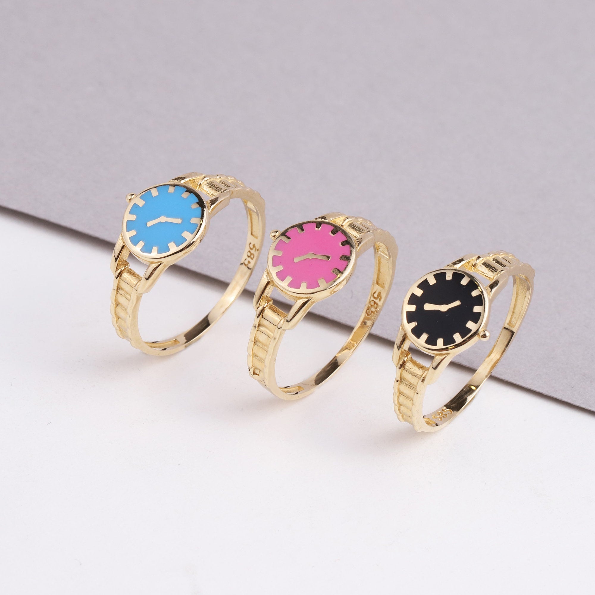 14K Gold Watch Ring, Round Clock Ring, Dainty Ring, Personalized Ring, Minimalist Ring, Boho Jewelry, Stackable Rings, Valentine's Day Gift