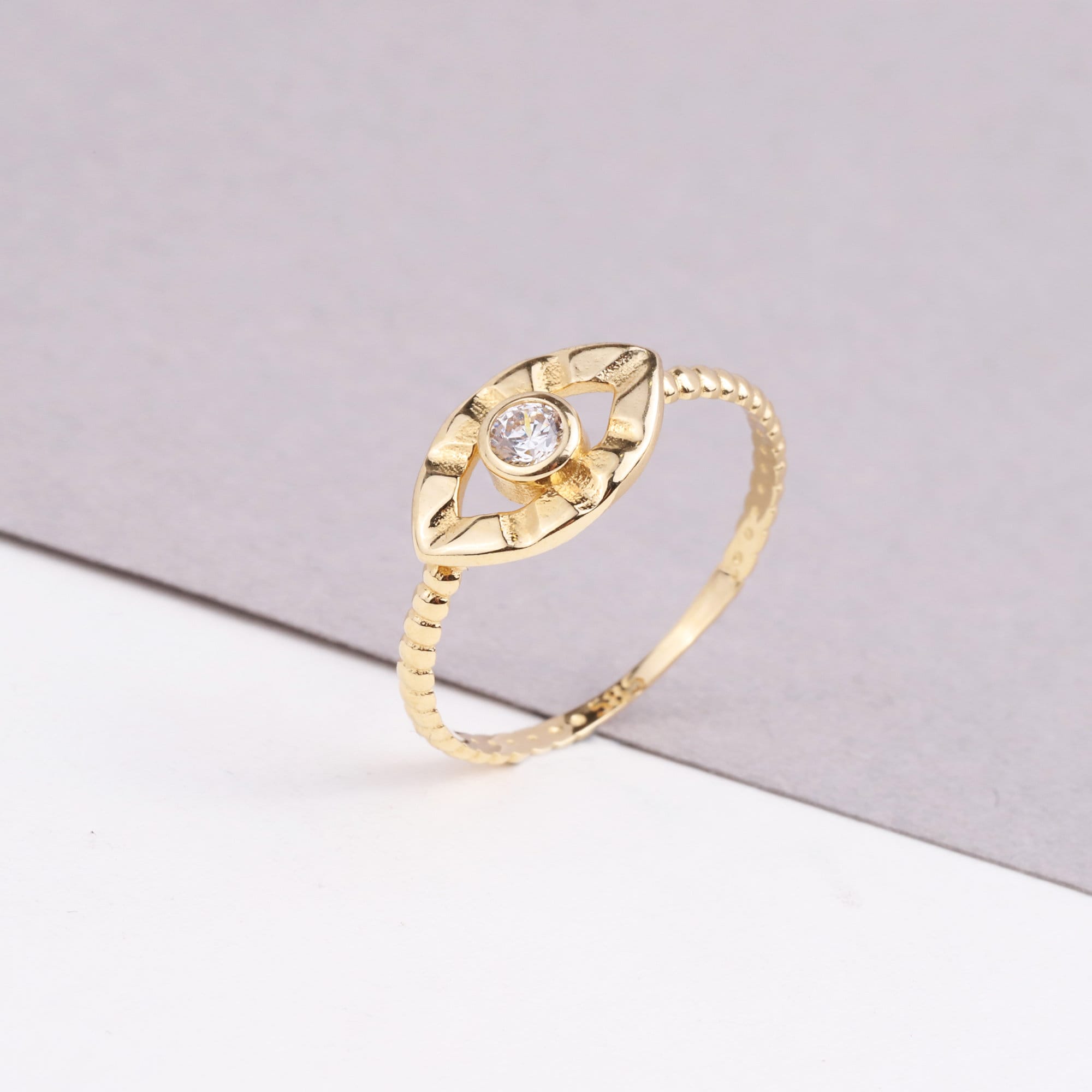 14K Gold Evil Eye Ring, Unique Evil Eye Band Ring, Zirconia Stone, Eyelashes Gold Ring, Dainty Ring, Good Luck Stackable Ring, Minimal Ring