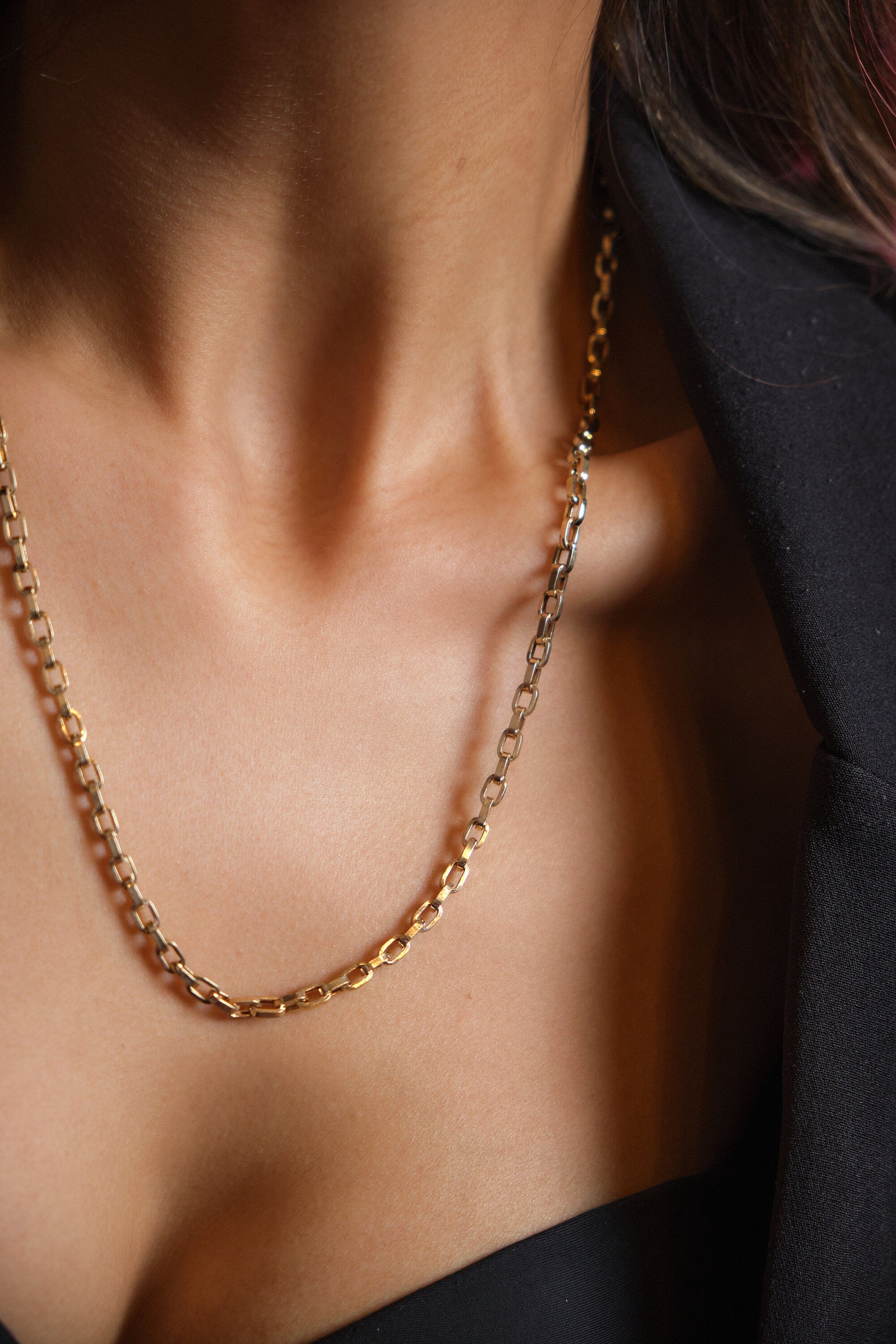 14K Gold Chain Necklace, 3MM Gold Choker Small Staple, Rectangular Elongated, Square Link, Layering Chain, Lightweight, Gift For her