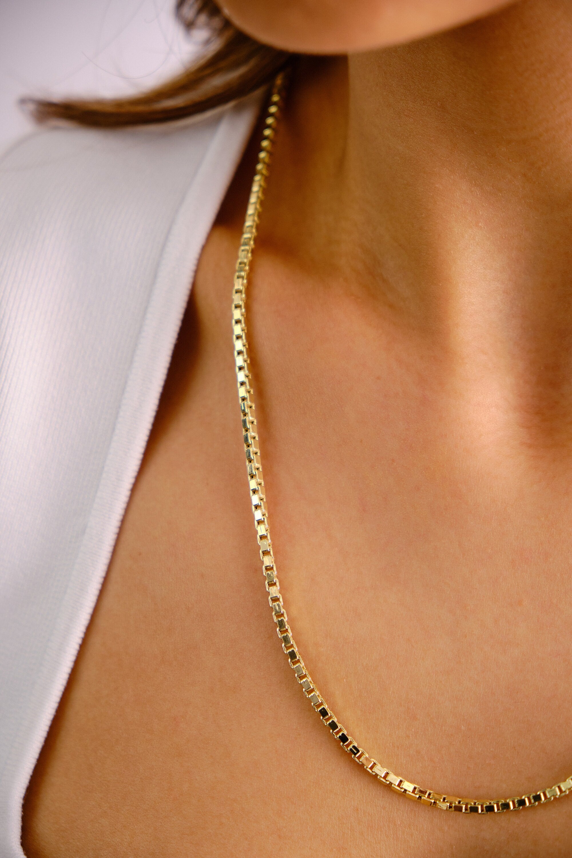 14K Gold Box Chain Necklace, 2.7 mm Box Chain Choker, Dainty Layered Necklace, Shiny Classic Box Chain Necklace, Gift For Her Him