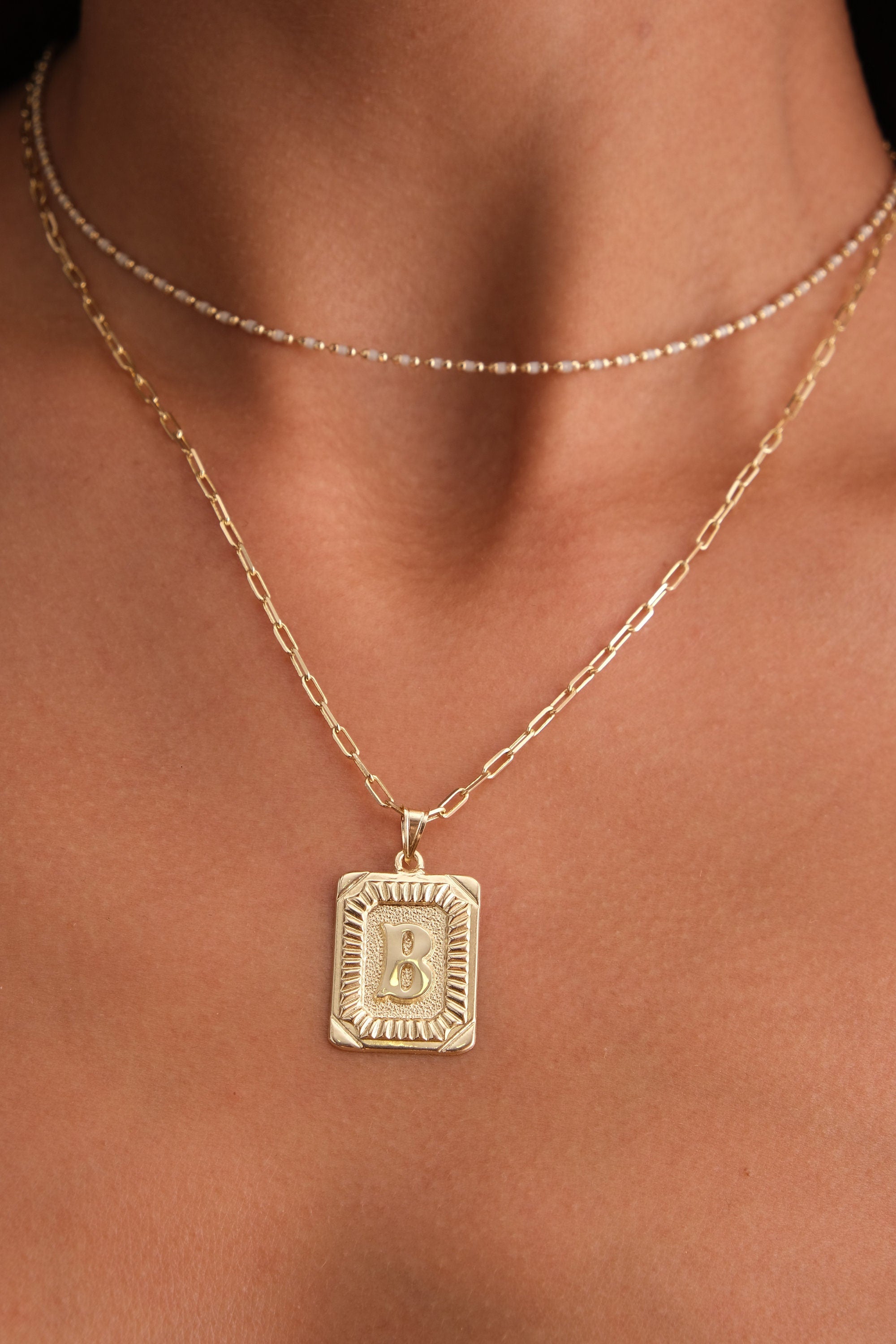 14K Gold Initial Necklace, Vintage Letter Pendant, Minimal Letter Charm, Name Choker, Paperclip Gold Chain, Colorful Bead Necklace