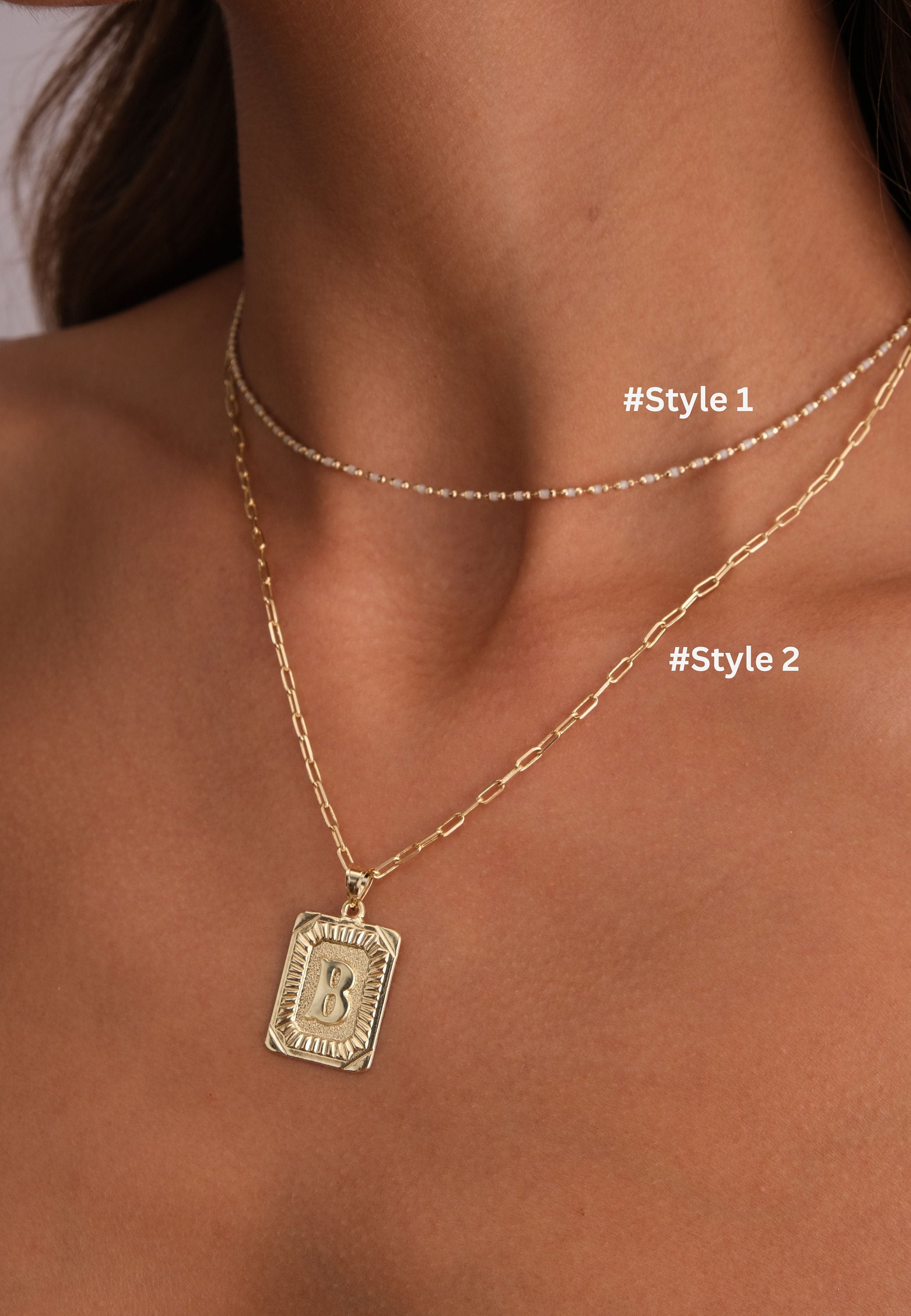 14K Gold Initial Necklace, Vintage Letter Pendant, Minimal Letter Charm, Name Choker, Paperclip Gold Chain, Colorful Bead Necklace