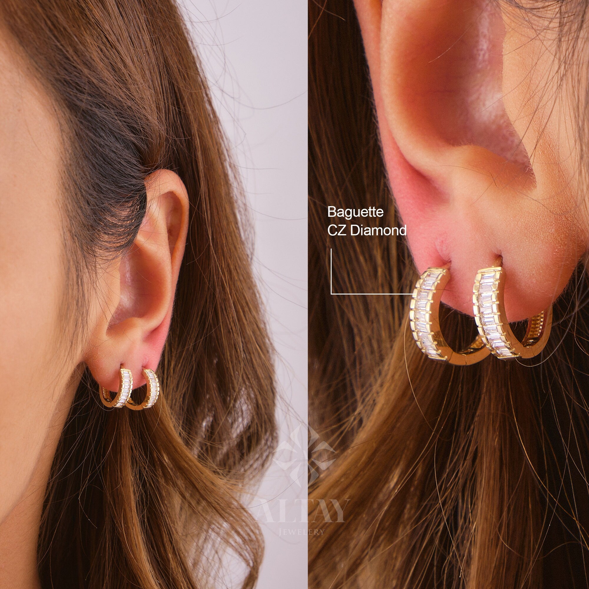 14K Gold Baguette Hoop Earrings, CZ Diamond Huggie Earrings, Gold Hoop Earrings, Small Hoops, Huggies, Tiny Hoop Earrings, Tiny Hoops, Gift