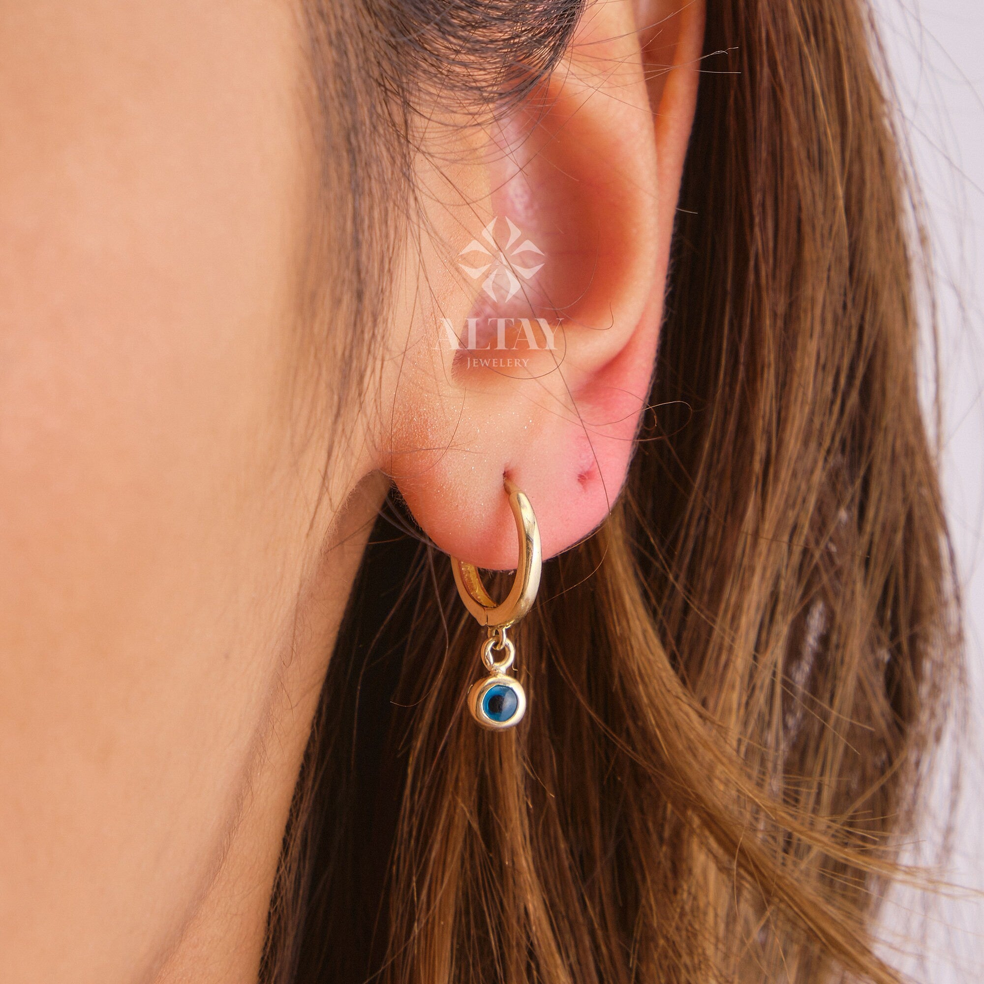 14K Gold Evil Eye Dangle Earrings, Dainty Eye Earrings, Huggie Hoop Earrings, Protection Jewelry, Protection Symbol, Evil Eye Charm