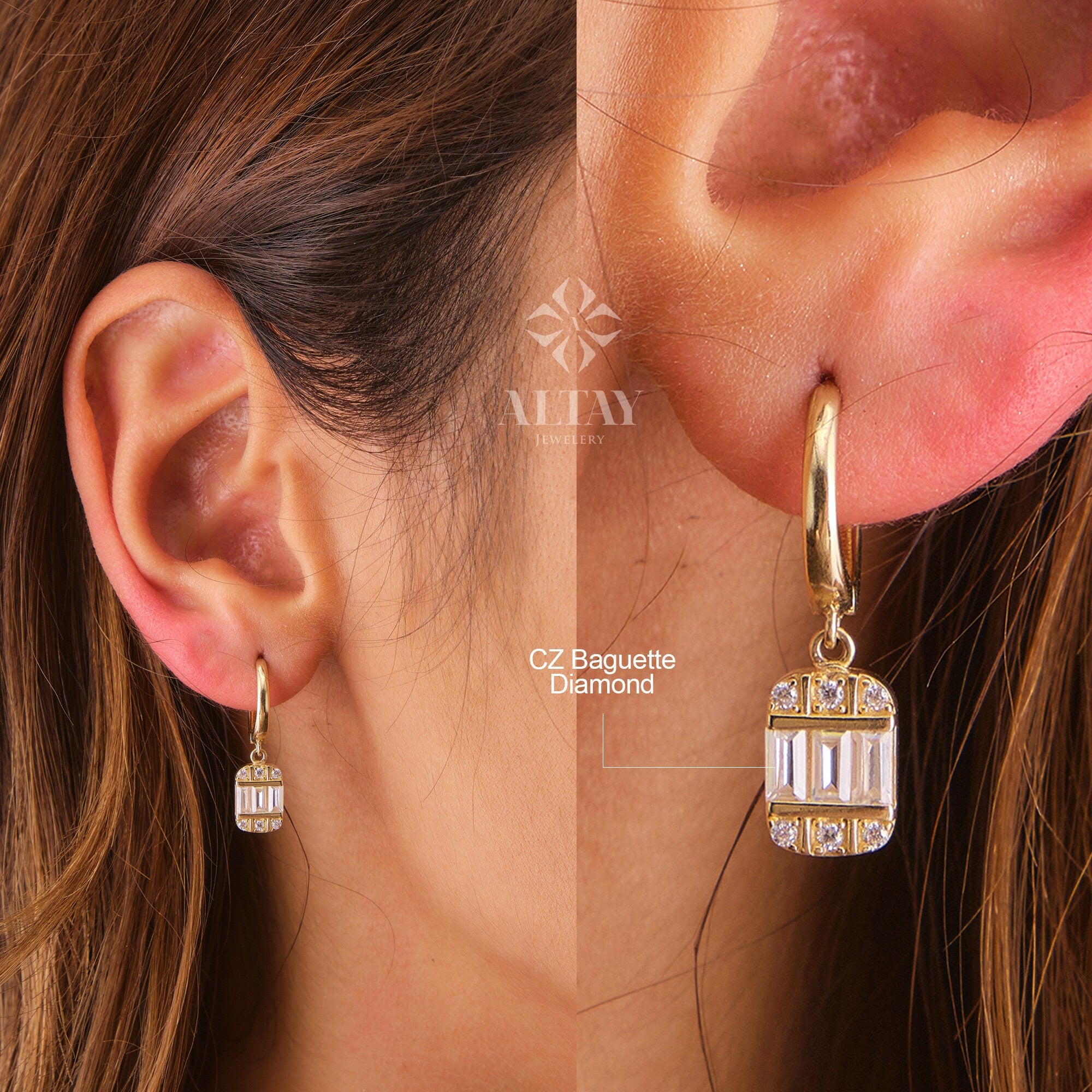 14K Gold Baguette Hoop Dangle Earrings, CZ Diamond Huggie Earrings, Gold Hoop Earrings, Small Hoops, Huggies, Tiny Hoop Earrings, Tiny Hoops