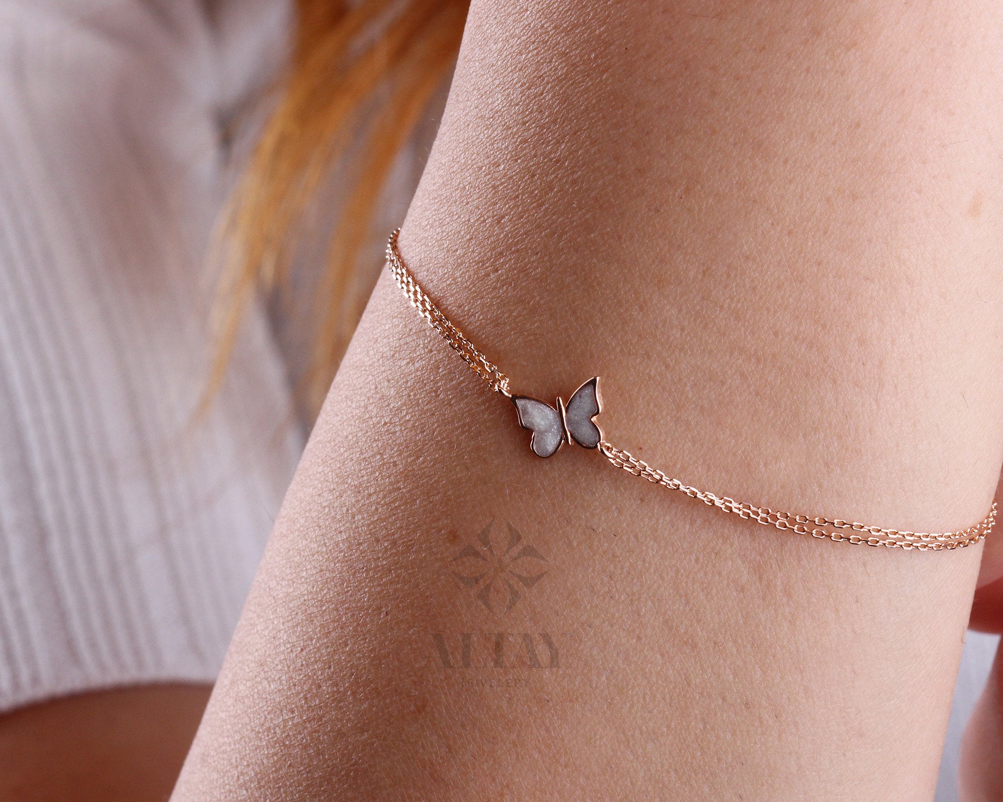 14K Gold White Enamel Butterfly Bracelet, Dainty Gold Butterfly Bracelet, Minimalist Jewelry, Stacking Bracelet, Gift for Her