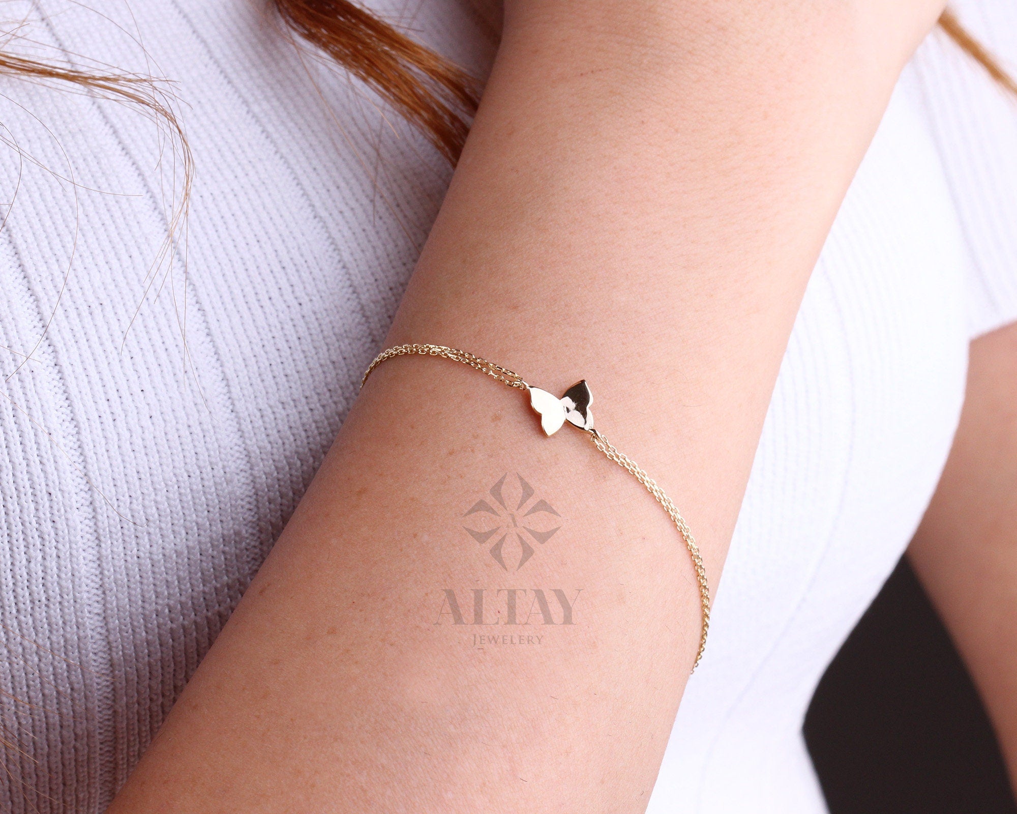 14K Gold Butterfly Bracelet, Butterfly Charm Bracelet, Dainty Gold Stacking Bracelet, Animal Bracelet, Stacking Bracelet, Gift for Her