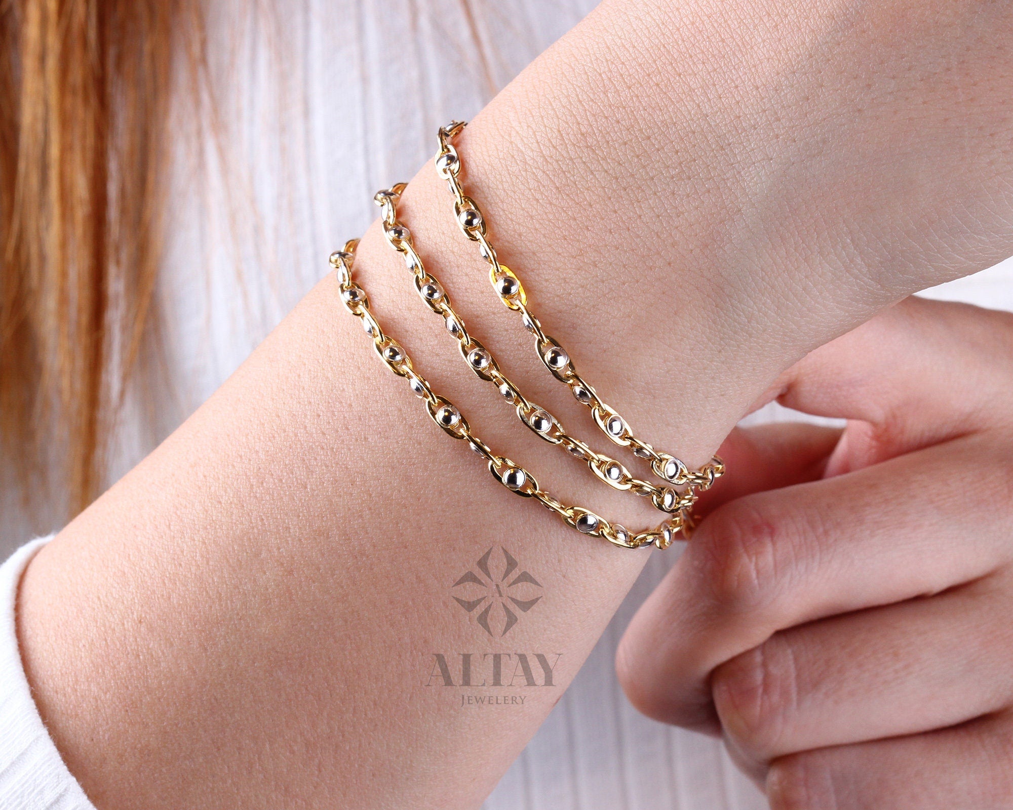 14K Gold Two Tone Beaded Chain Bracelet, Oval Chain Bead Bracelet, Rectangle Long Paperclip Chain Anklet, Chunky Chain Link, Gift For Her