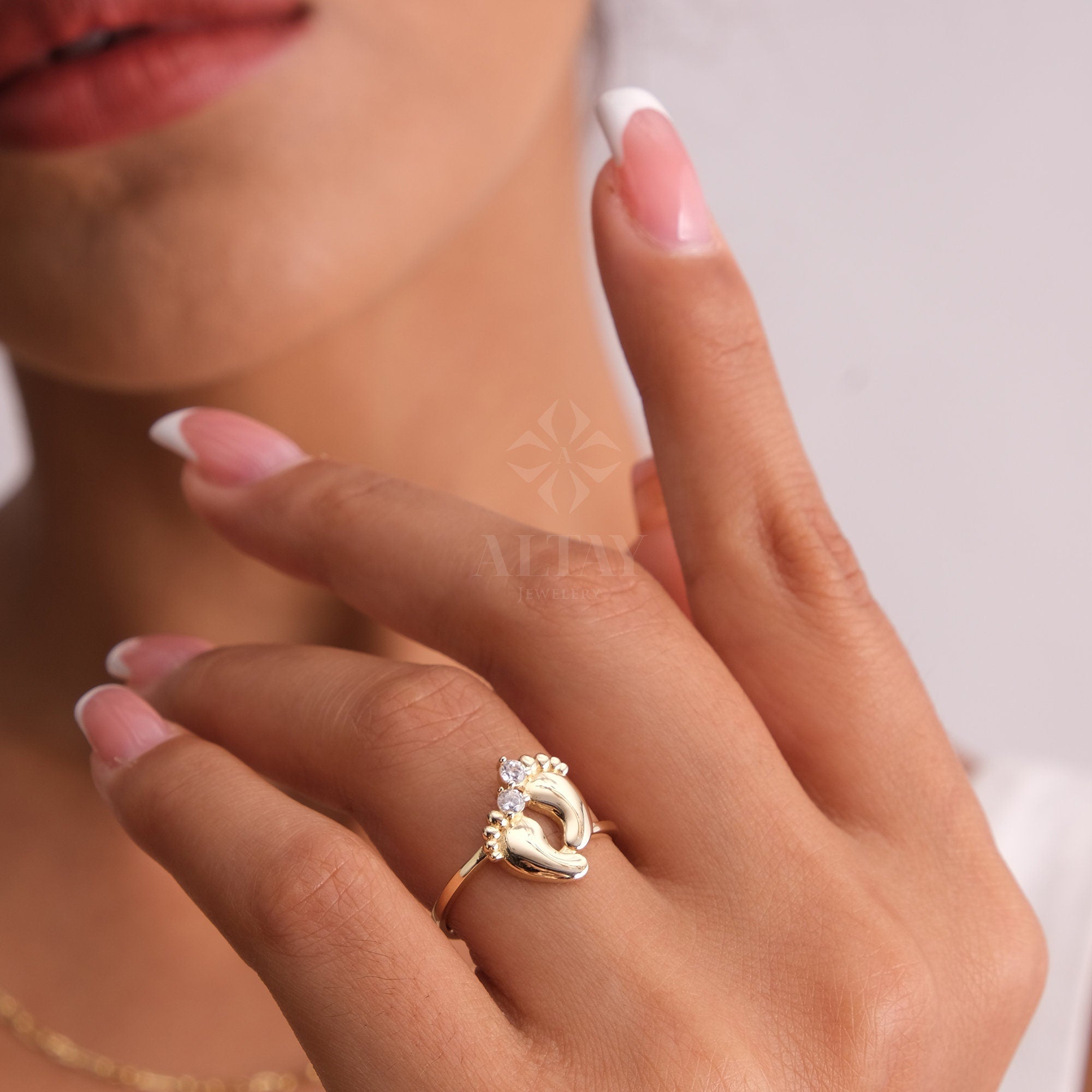 14K Gold Baby Feet Ring, Personalized Name Band, Birthstone Footprint Ring, Custom Engraved Newborn Ring, New Mom Gift