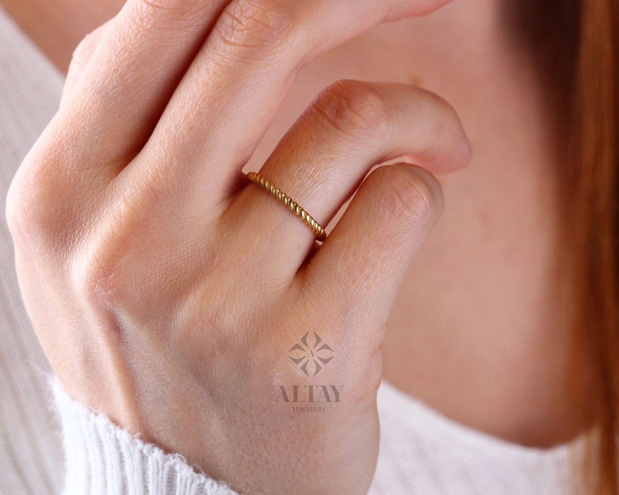 14K Gold Twist Ring, 1.5mm Twisted Rope Wedding Band Ring, Stacking Twist Ring, Minimalist Knuckle Ring, Gold Rope Ring, Thin Stacking Rings