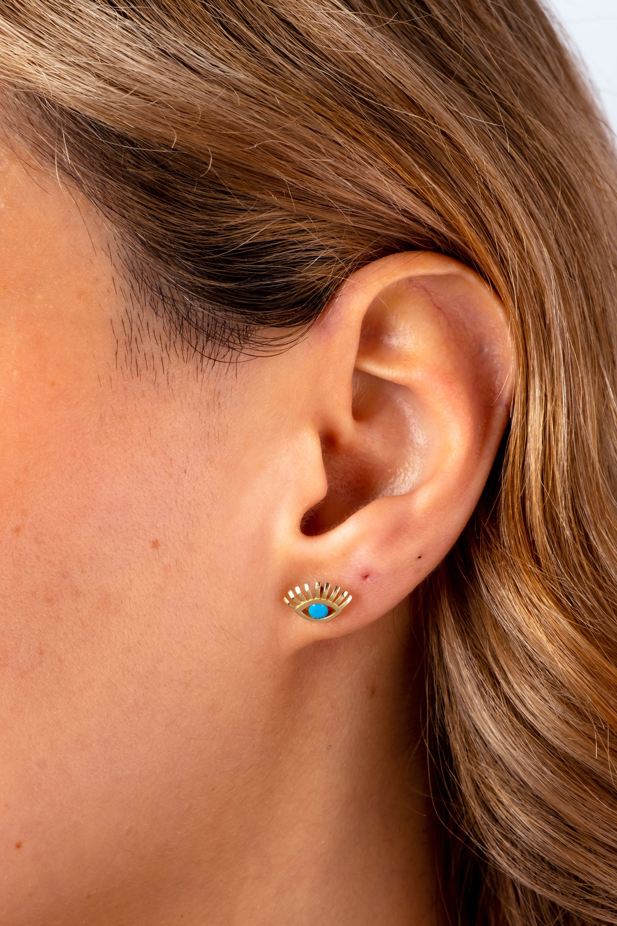 14K Gold Evil Eye Stud Earrings, Tiny Eye Lashes Stud, Minimalist Dainty Earrings, Sparkling Stud Earrings, Lucky Eye Turquoise Studs