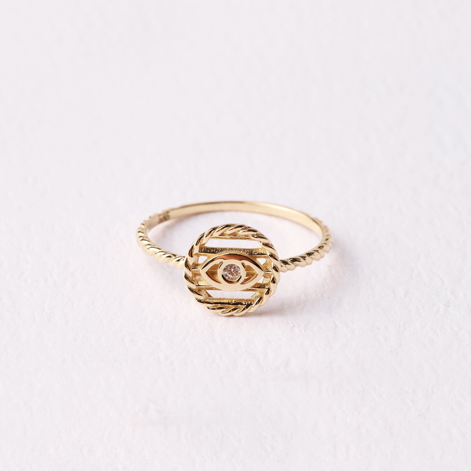 14K Gold Round Evil Eye Ring, Tiny Third Eye Ring, Minimal Protection Band Ring, Simple Small Engagement Ring, Religious Good Luck Jewelry