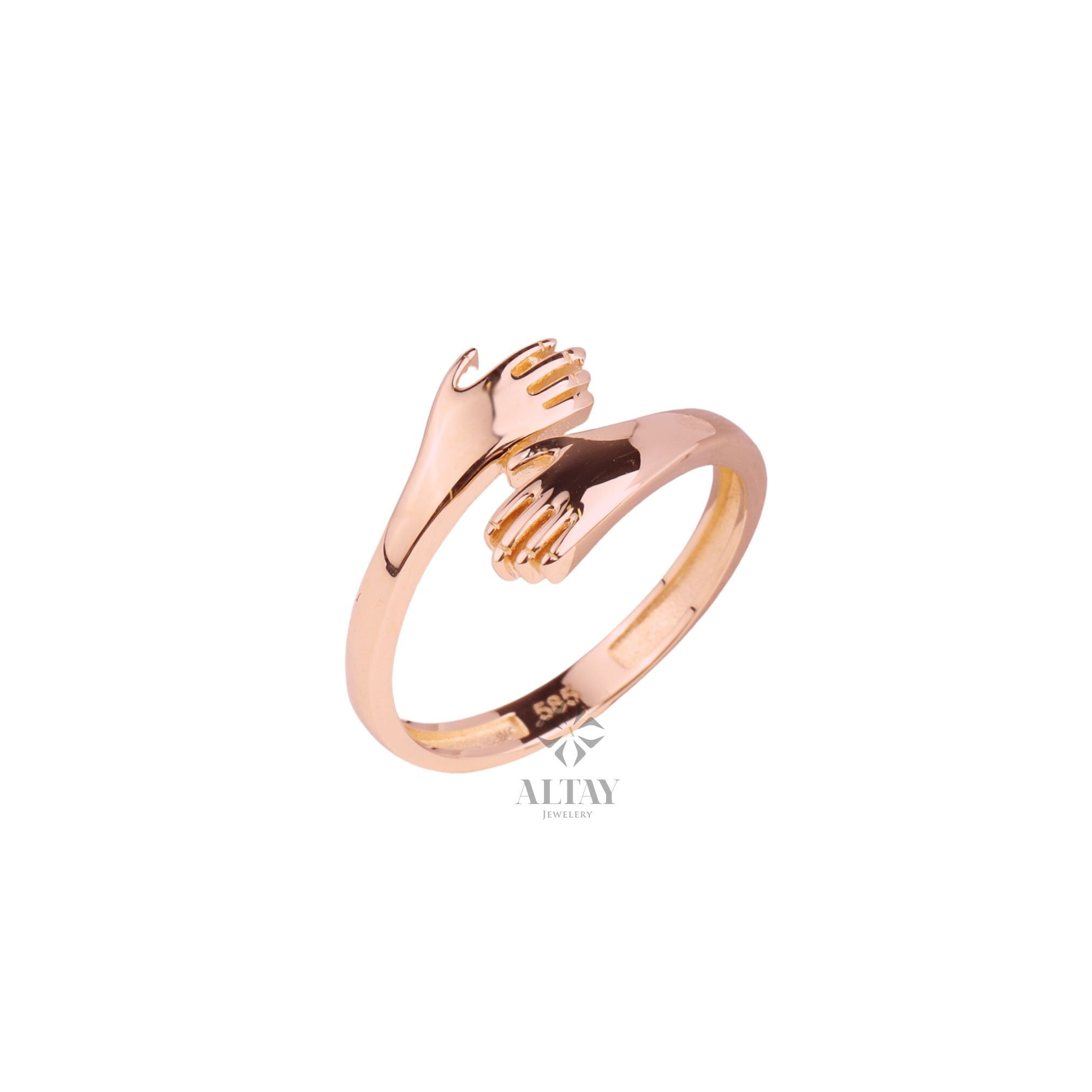 14K Gold Hug Ring, Engraved Love Hugging Hands Ring, Dainty Hug Gold Ring, Couple Love Hugging, Simple Handmade Ring, Two Hand Custom Ring