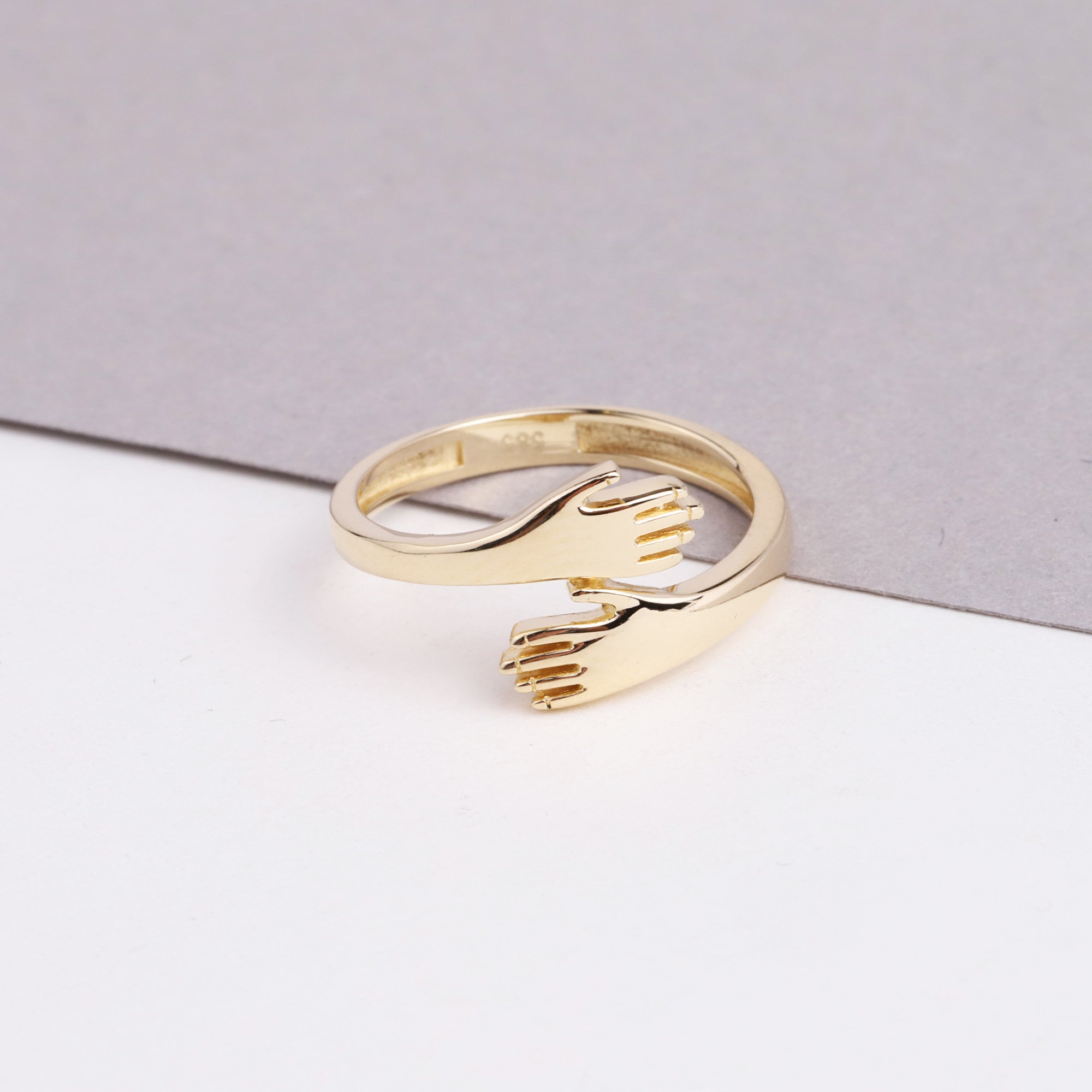 14K Gold Hug Ring, Engraved Love Hugging Hands Ring, Dainty Hug Gold Ring, Couple Love Hugging, Simple Handmade Ring, Two Hand Custom Ring