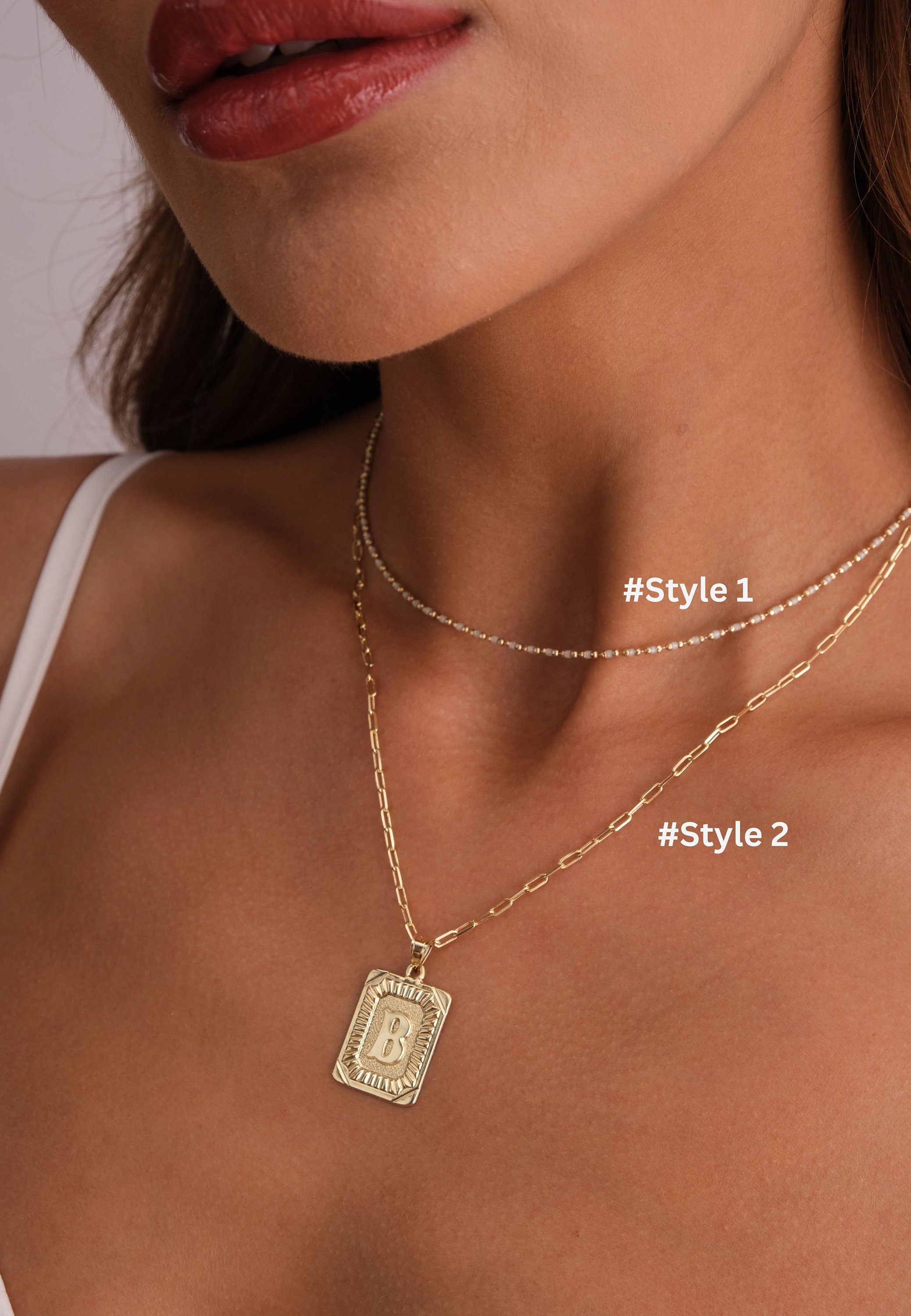 14K Gold Initial Necklace, Vintage Letter Pendant, Minimal Letter Charm, Name Choker, Paperclip Gold Chain, Colorful Bead Necklace