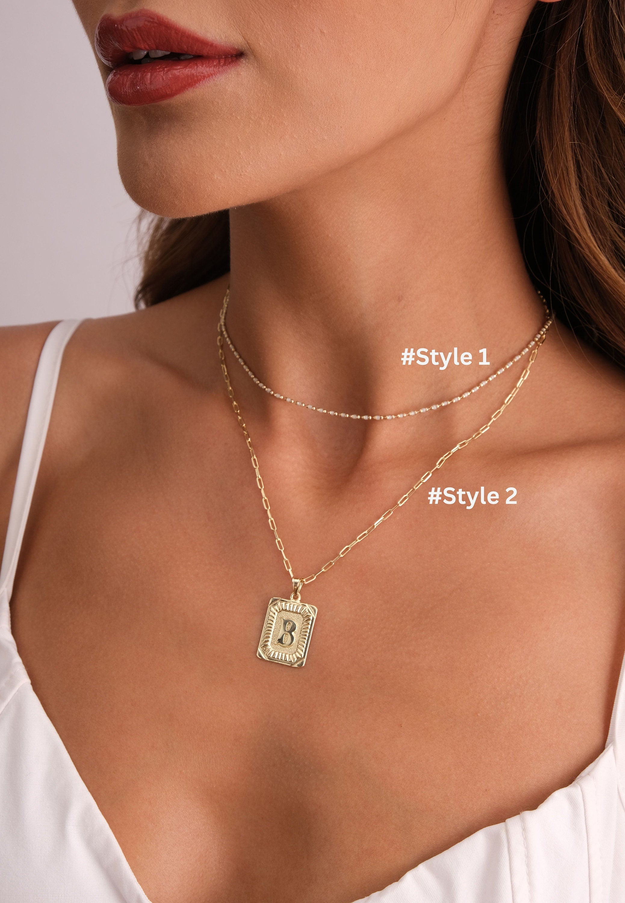 14K Gold Initial Necklace, Vintage Letter Pendant, Minimal Letter Charm, Name Choker, Paperclip Gold Chain, Colorful Bead Necklace