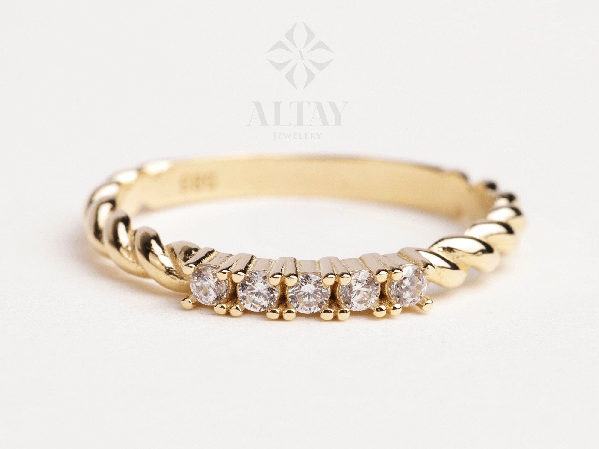 14K Gold 5 Stone CZ Diamond Wedding Ring, Braided Band, Promise Anniversary Ring, Bridal Ring, Five Stone Stacking Ring, Dainty Wedding Ring