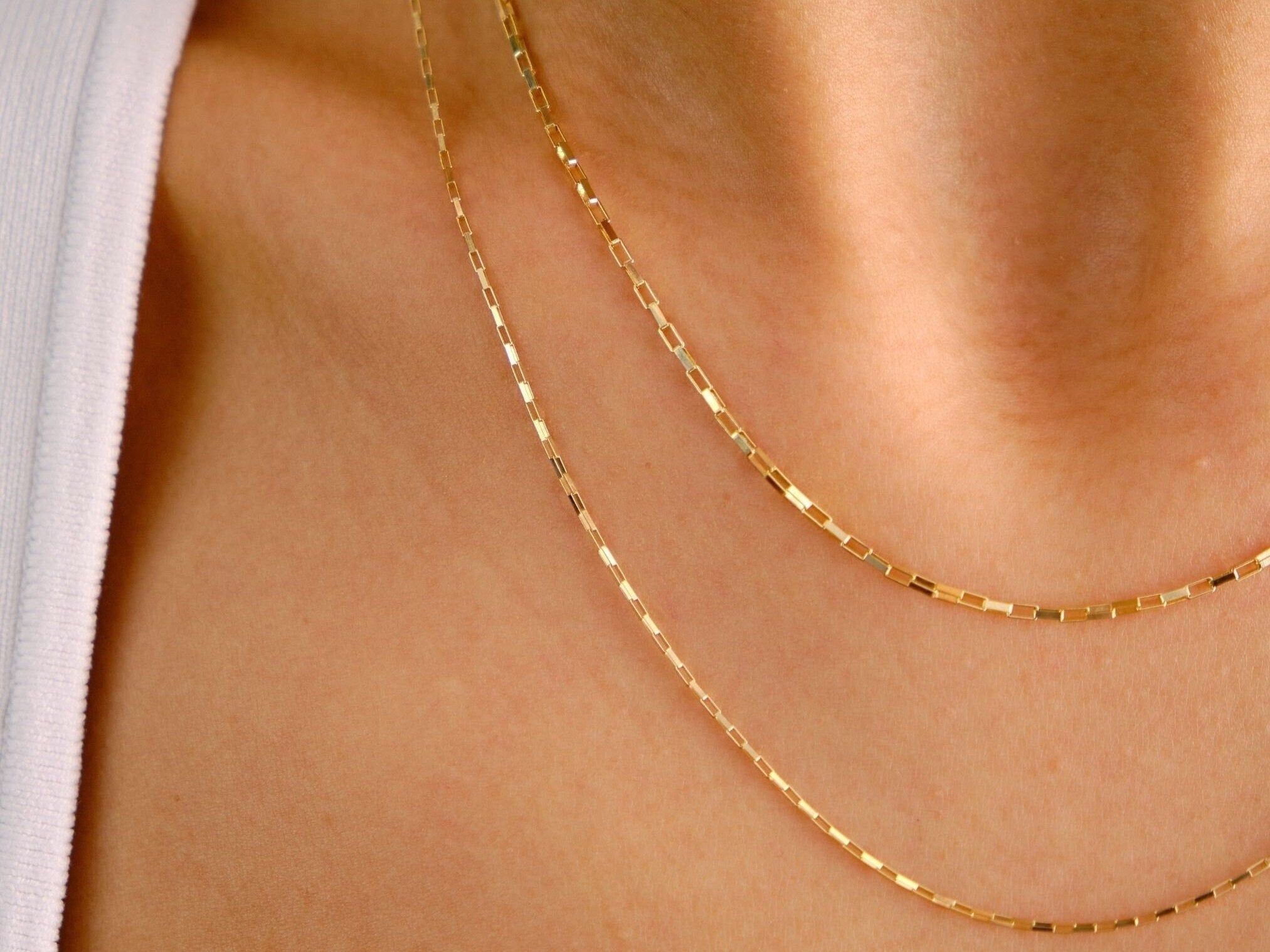 14K Gold Rectangle Box Chain Necklace, 0.90mm 1.35mm Tiny Link Gold Chain Choker, Gold Paperclip Venetian Box Chain, Layering Elongated Link