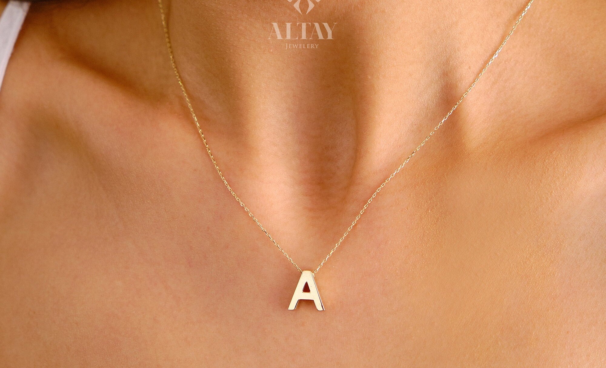 14K Solid Gold Initial Necklace, Letter Pendant Choker, Minimal Letter Charm, Name Necklace, Dainty, Personalized Pendant, Gift For Wife
