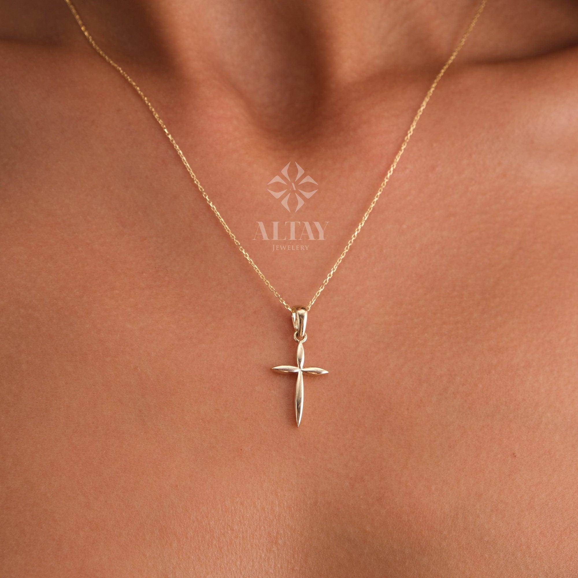 14K Gold Cross Necklace, Crucifix Pendant Chain, Jesus Christ Religious Jewelry, Christening, Dainty Cross Charm, Christian Charm Gift