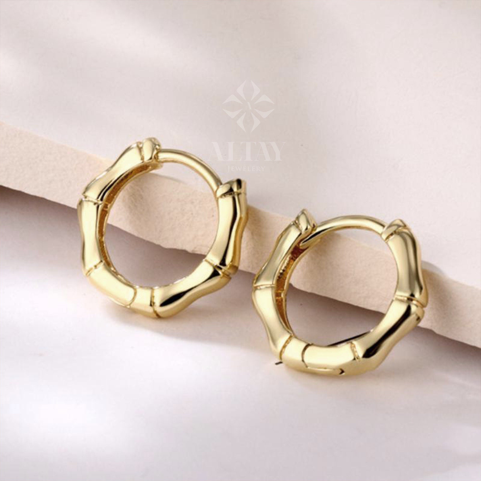 14K Gold Bamboo Earrings, Bamboo Hoop Earrings, Small Hoop Earrings, Huggie Hoop, Modern Hoop, Chunky Gold Hoop, Gift For Her