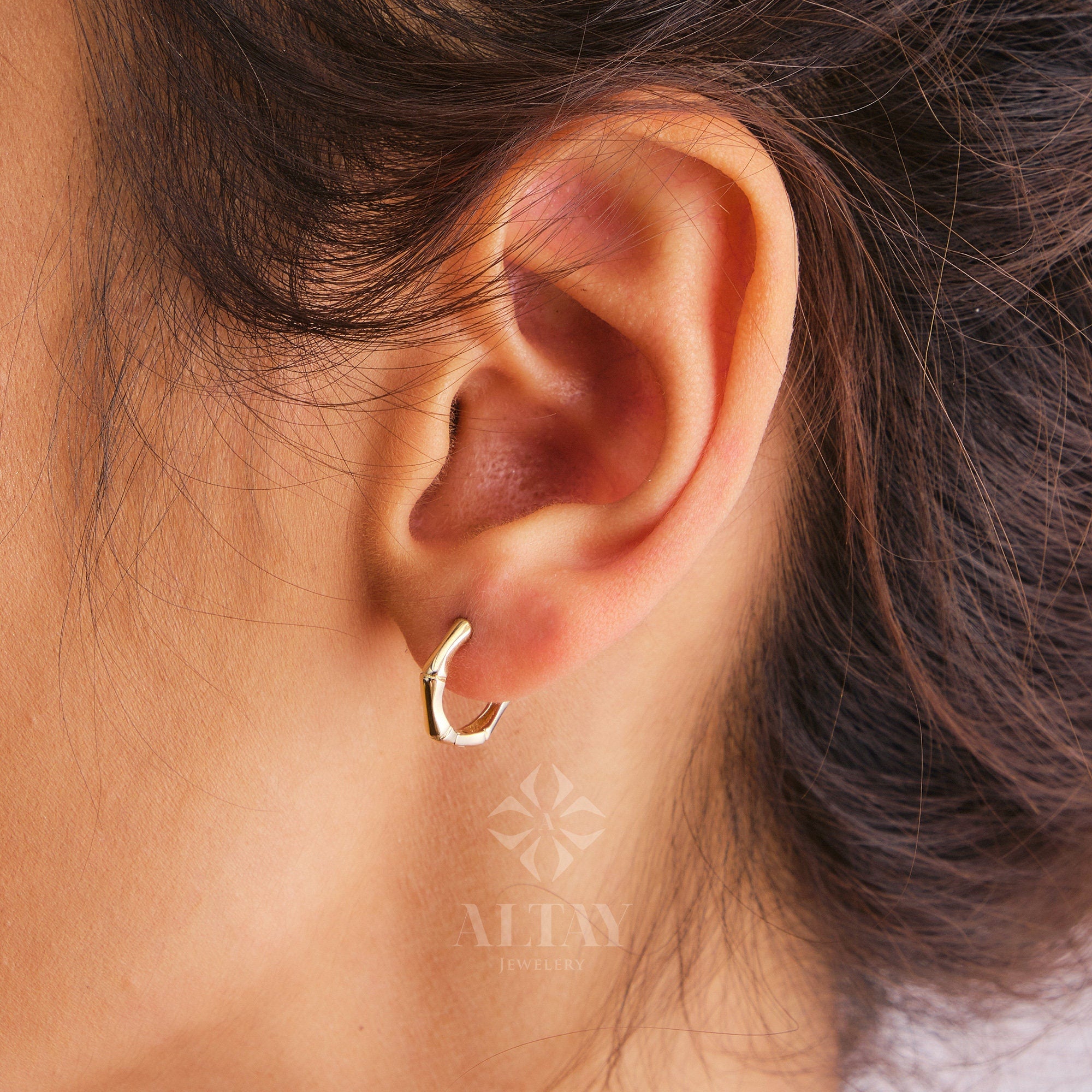 14K Gold Bamboo Earrings, Bamboo Hoop Earrings, Small Hoop Earrings, Huggie Hoop, Modern Hoop, Chunky Gold Hoop, Gift For Her