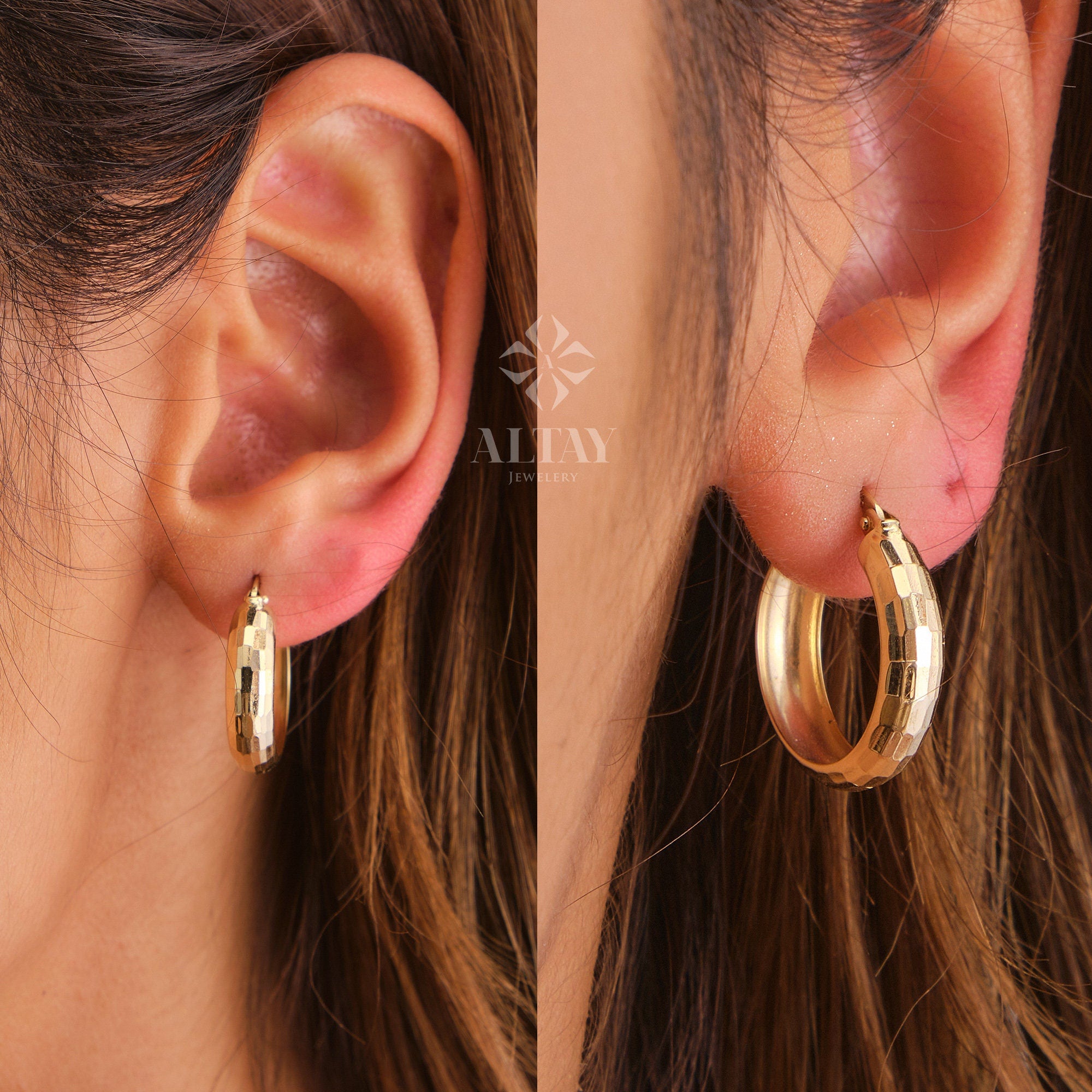 14K Gold Cuff Dome Huggie Earrings, Disco Ball Pattern Hoops, Curved Dome Hoop Earrings, Unisex Adult, Earlobe, Upper Lobe Rings