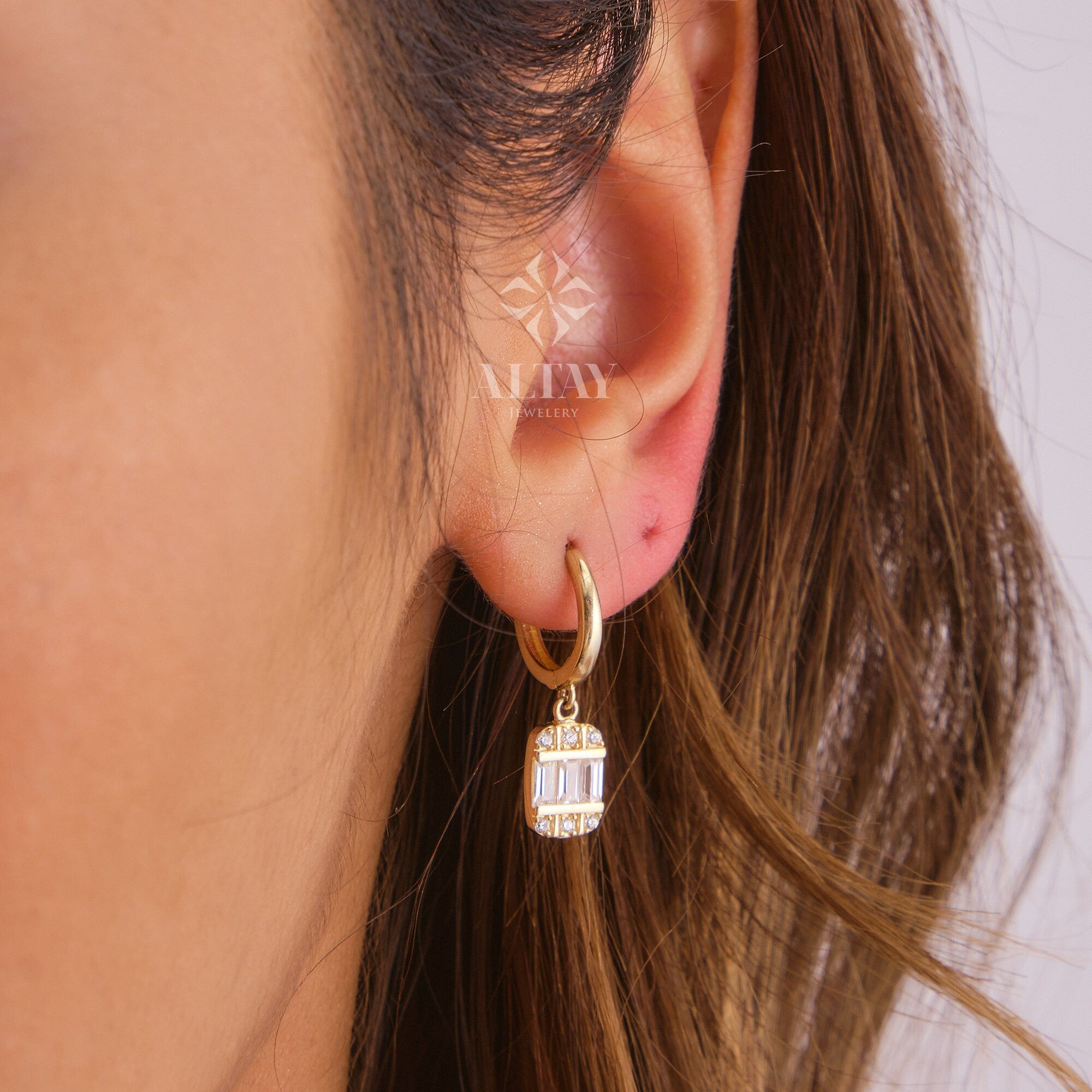 14K Gold Baguette Hoop Dangle Earrings, CZ Diamond Huggie Earrings, Gold Hoop Earrings, Small Hoops, Huggies, Tiny Hoop Earrings, Tiny Hoops