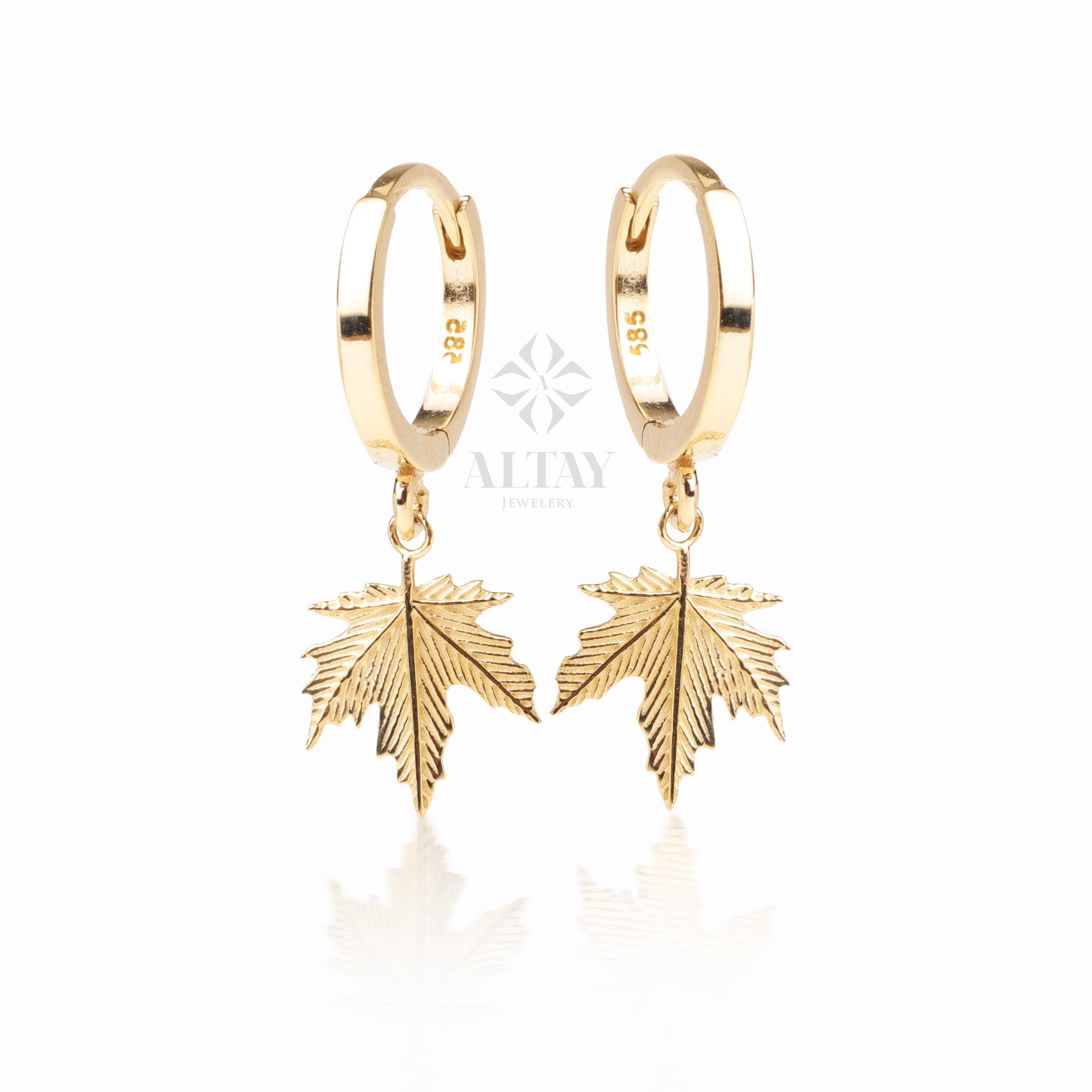 14K Gold Leaf Hoop Earrings, Dangle Maple Leaf Huggies, Maple Leaf Earrings, Tiny Drop Hoop Earrings, Huggies Hoop, Dainty Hoop Earrings