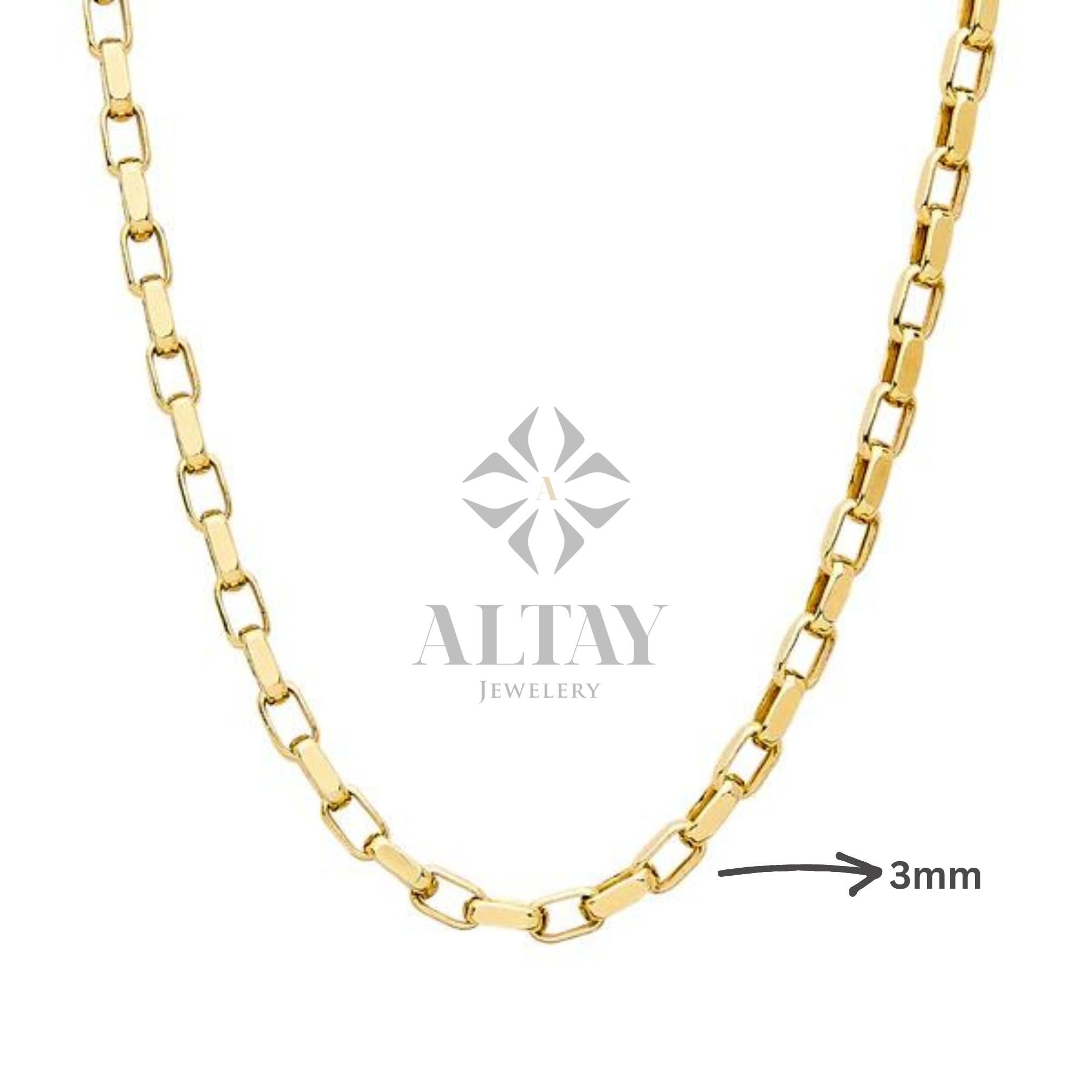 14K Gold Chain Necklace, 3MM Gold Choker Small Staple, Rectangular Elongated, Square Link, Layering Chain, Lightweight, Gift For her