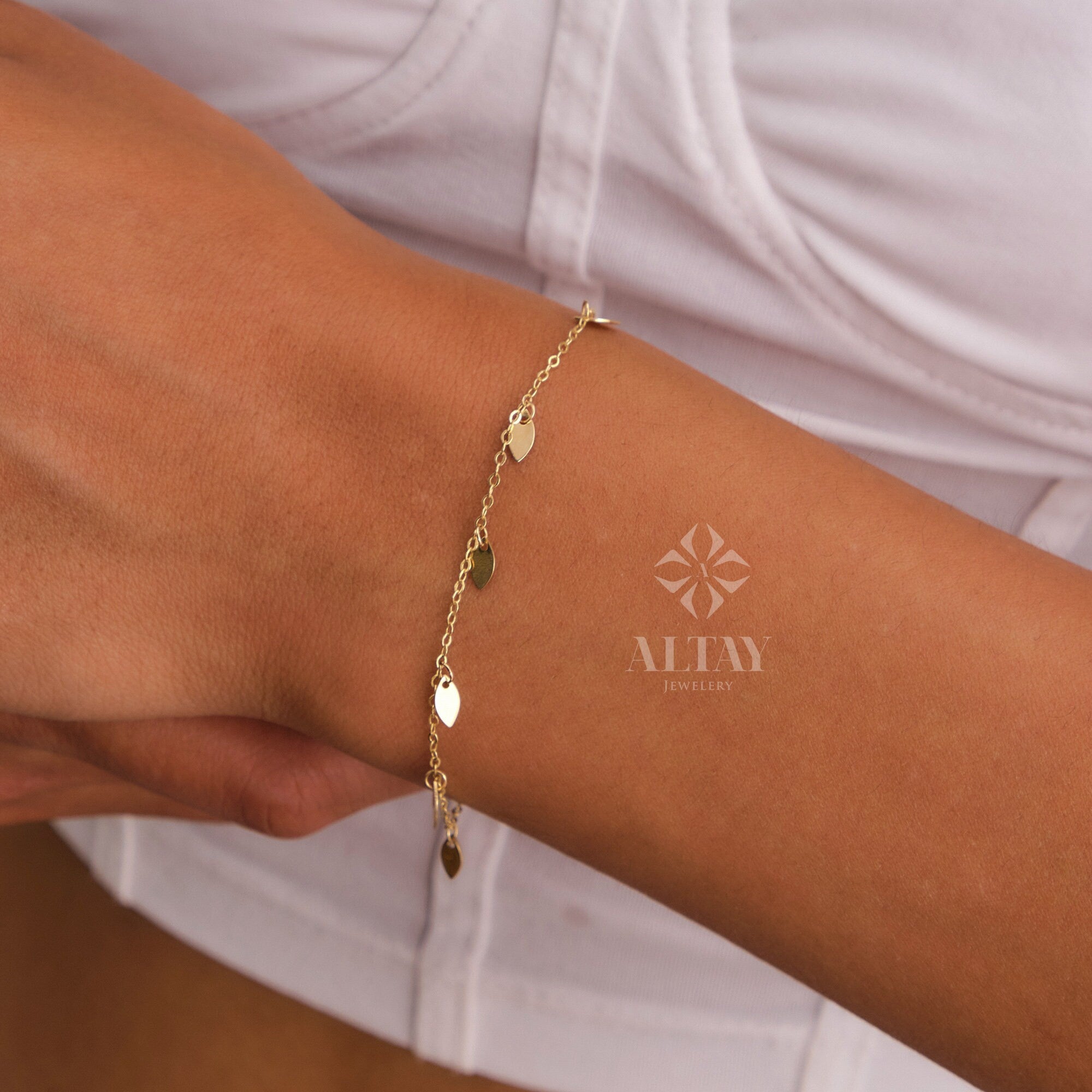 14K Gold Dangling Leaf Bracelet, Leaf Charm Bracelet, Coin Charm Chain Bracelet Jewelry