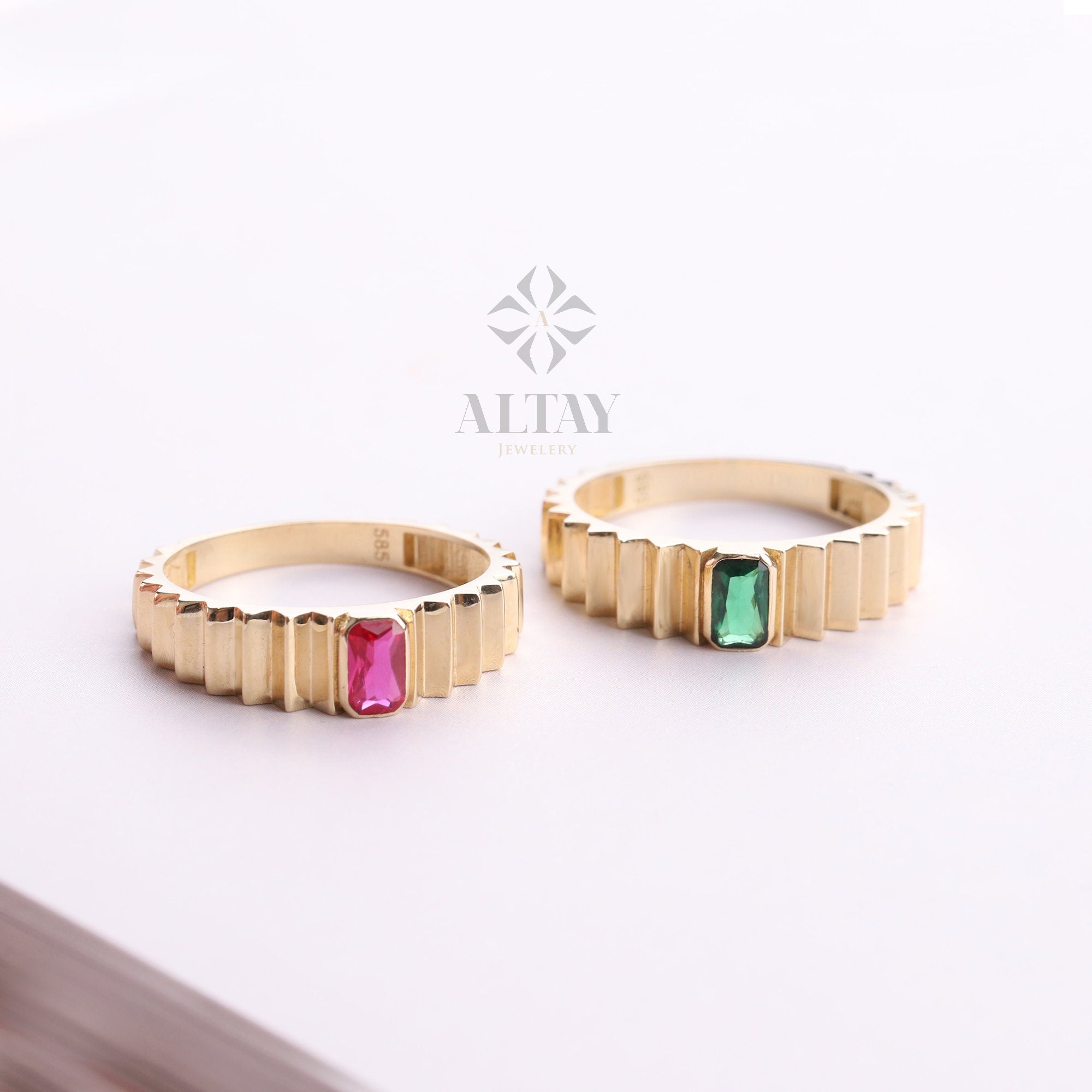 14K Gold Birthstone Ring, Emerald Gemstone Vintage Gold Stackable Ring, Dainty Gold Elegant Ring, Art Deco Wedding Band, Half Eternity