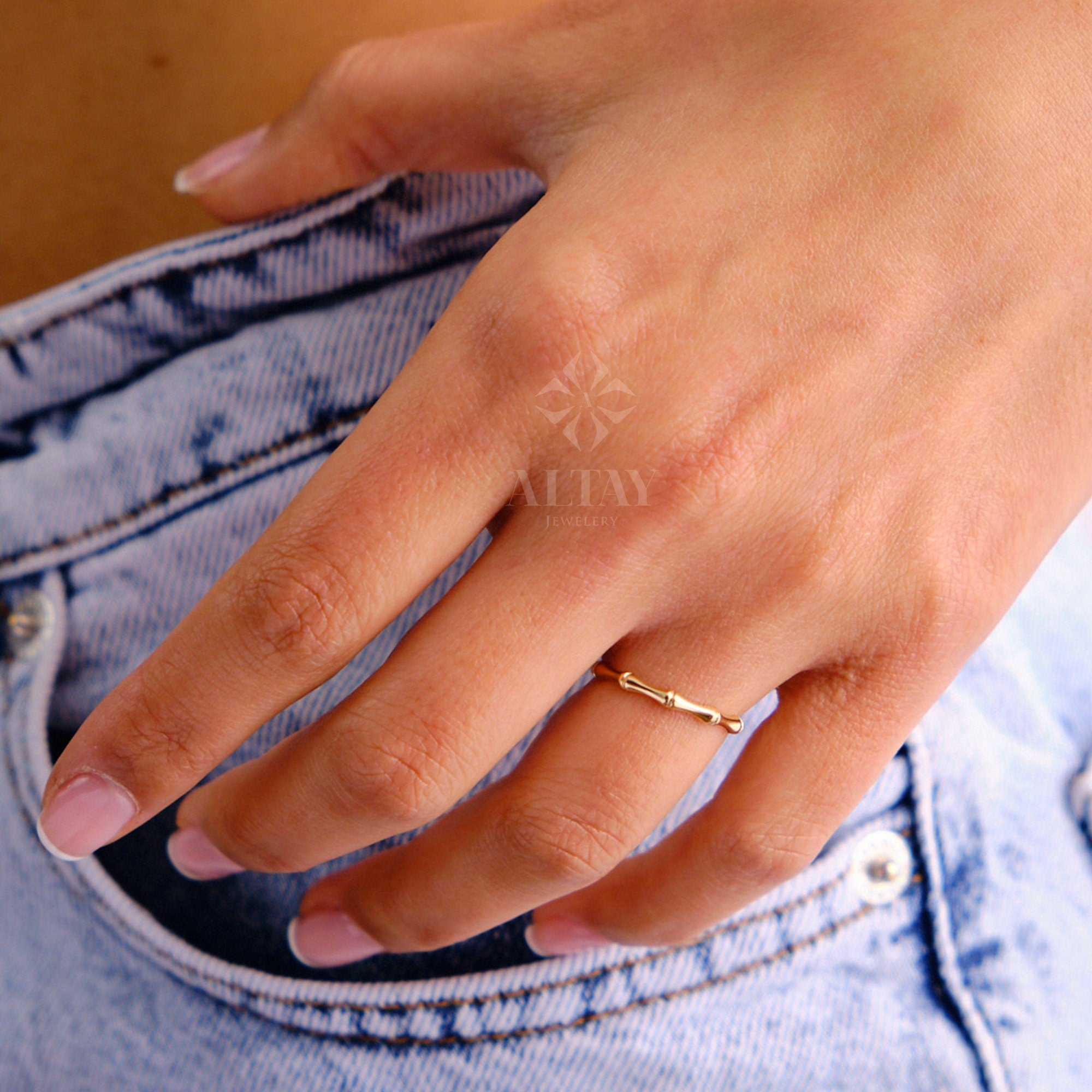 14K Gold Bamboo Ring, Dainty Gold Bamboo Stacking Ring, Bamboo Band, Tiny Gold Bone Ring, Trendy Gold Ring, Unisex Band Ring, Gift For Her