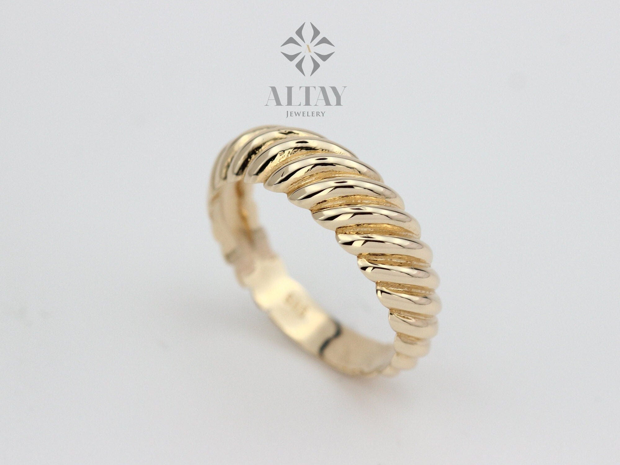 14K Solid Gold Twist Ring, Croissant Dome Ring, Statement Ring, Round Line Ring, Jewelry, Minimalist, Gift For Her, Real Gold, Jewelry
