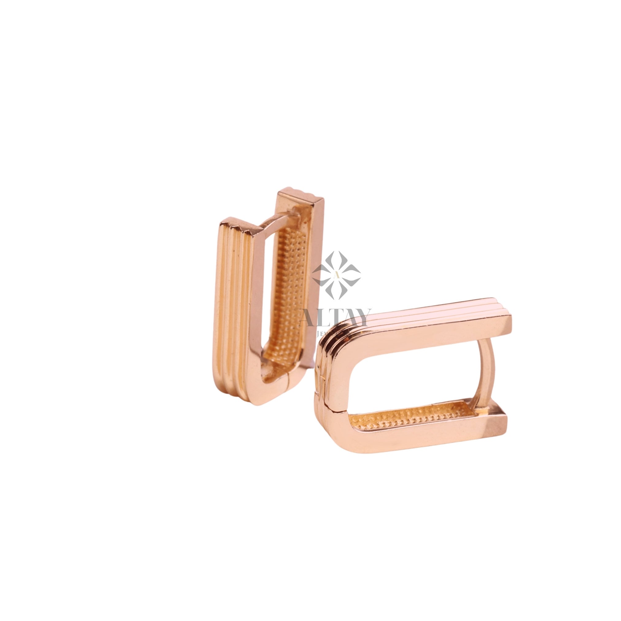 14K Gold Ribbed Rectangle Earrings, Oblong Rectangle Hoop Earrings, Chunky Rectangle Earrings, Minimalist Huggie, Rectangle Geometric Link