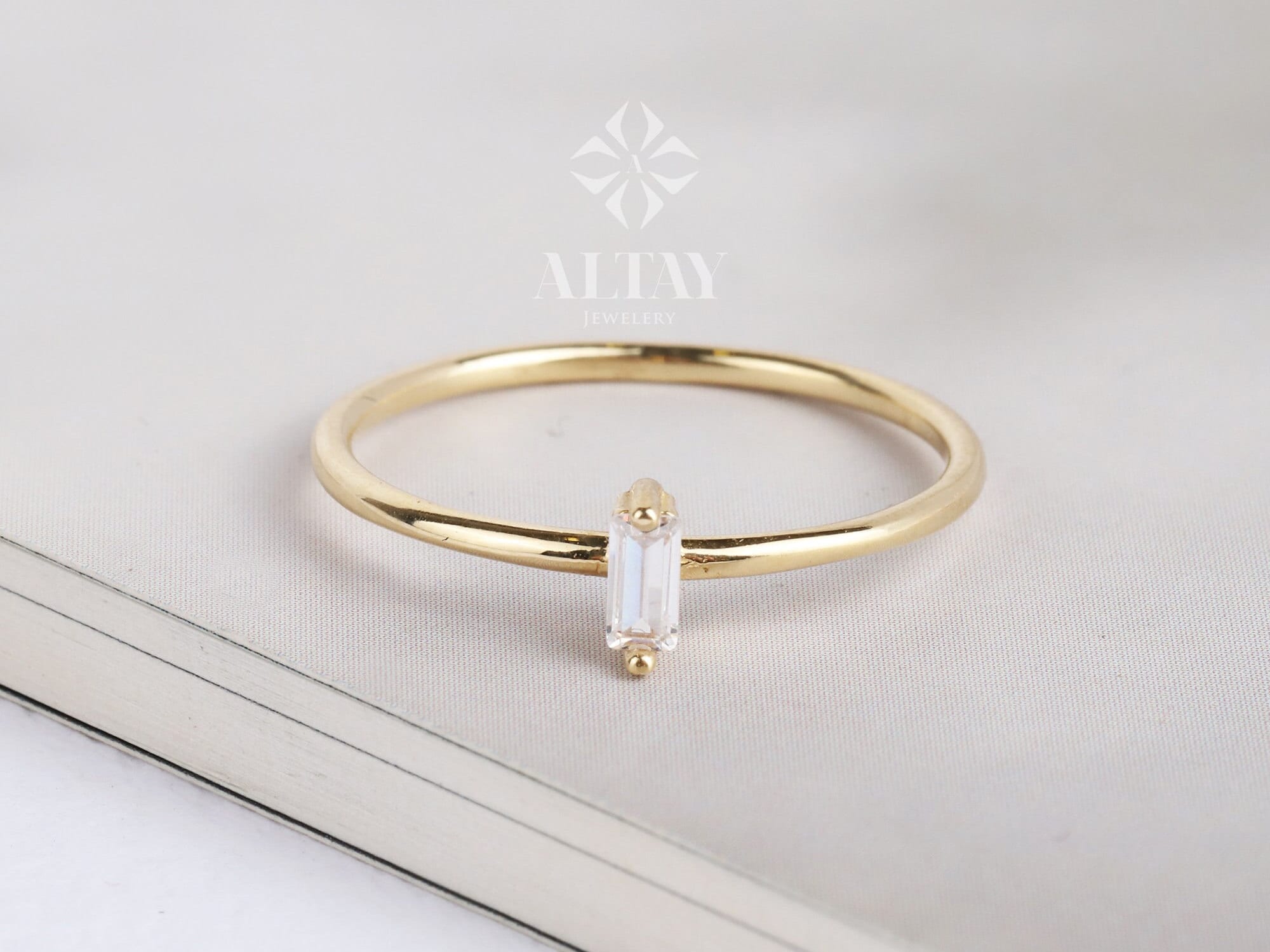 14K Solid Gold Baguette Ring, Stackable Dainty Ring, Minimalist Solitaire Ring, Gift For Her, Vertical Baguette, Engagement Promise ring