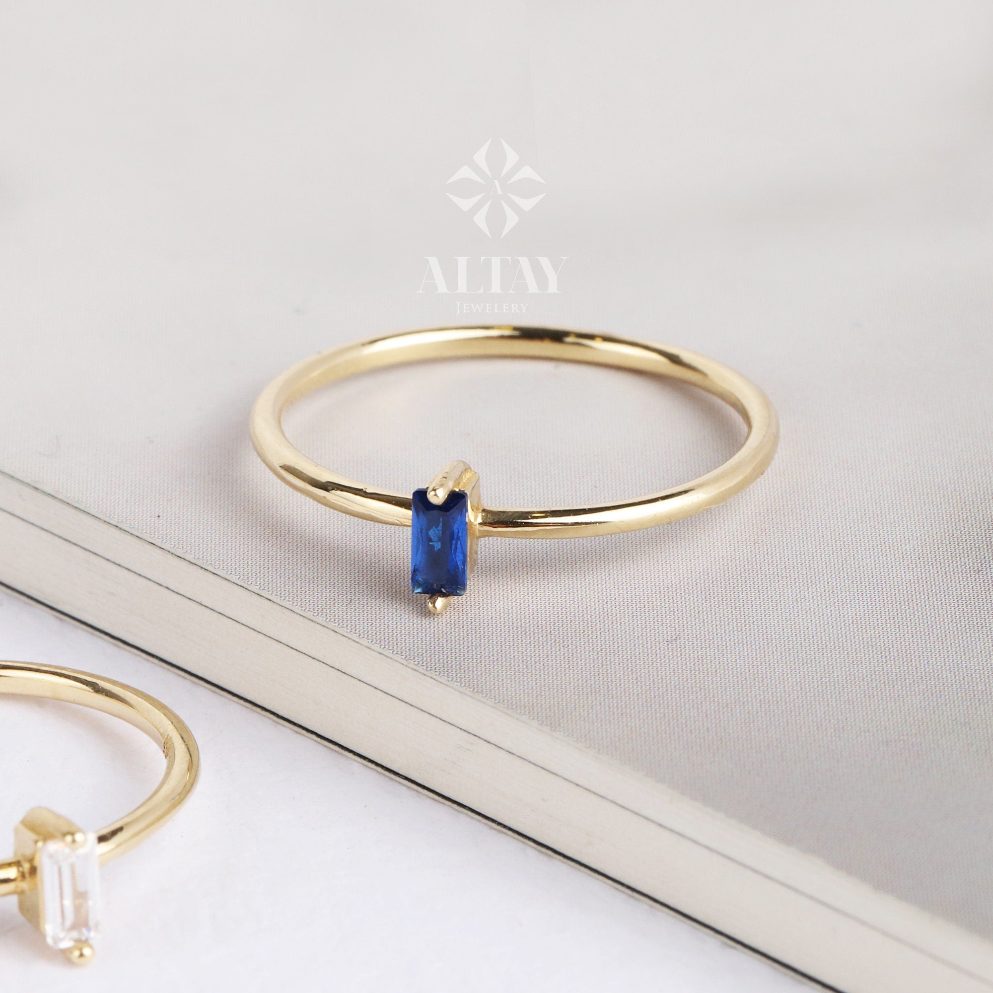 14K Gold Birthstone Baguette Ring, Custom Gemstone Ring, Personalized Solitaire Band, Solo Mothers Baguette Ring, Women Gemstone Ring